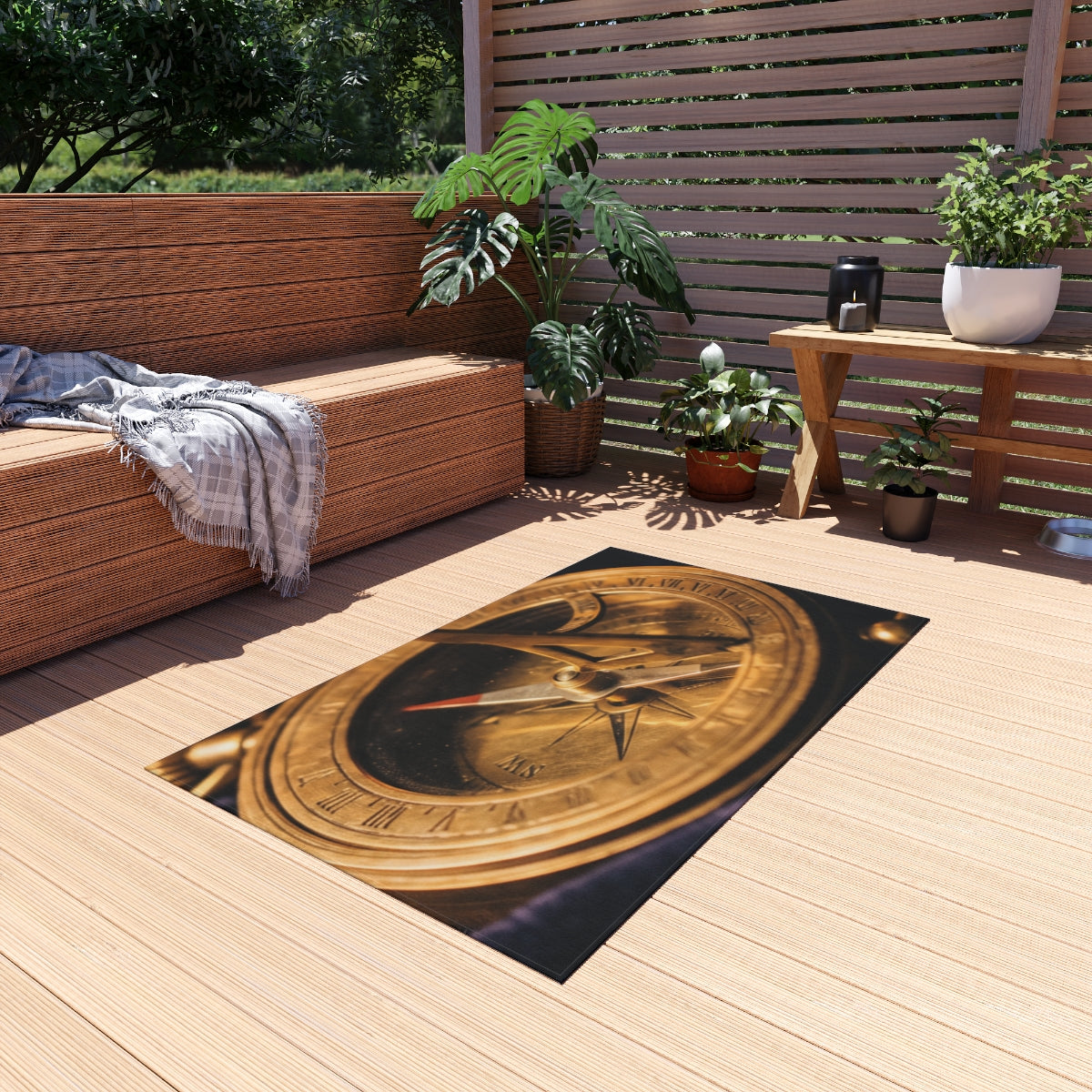 Vintage Brass Sundial Compass Outdoor Rug