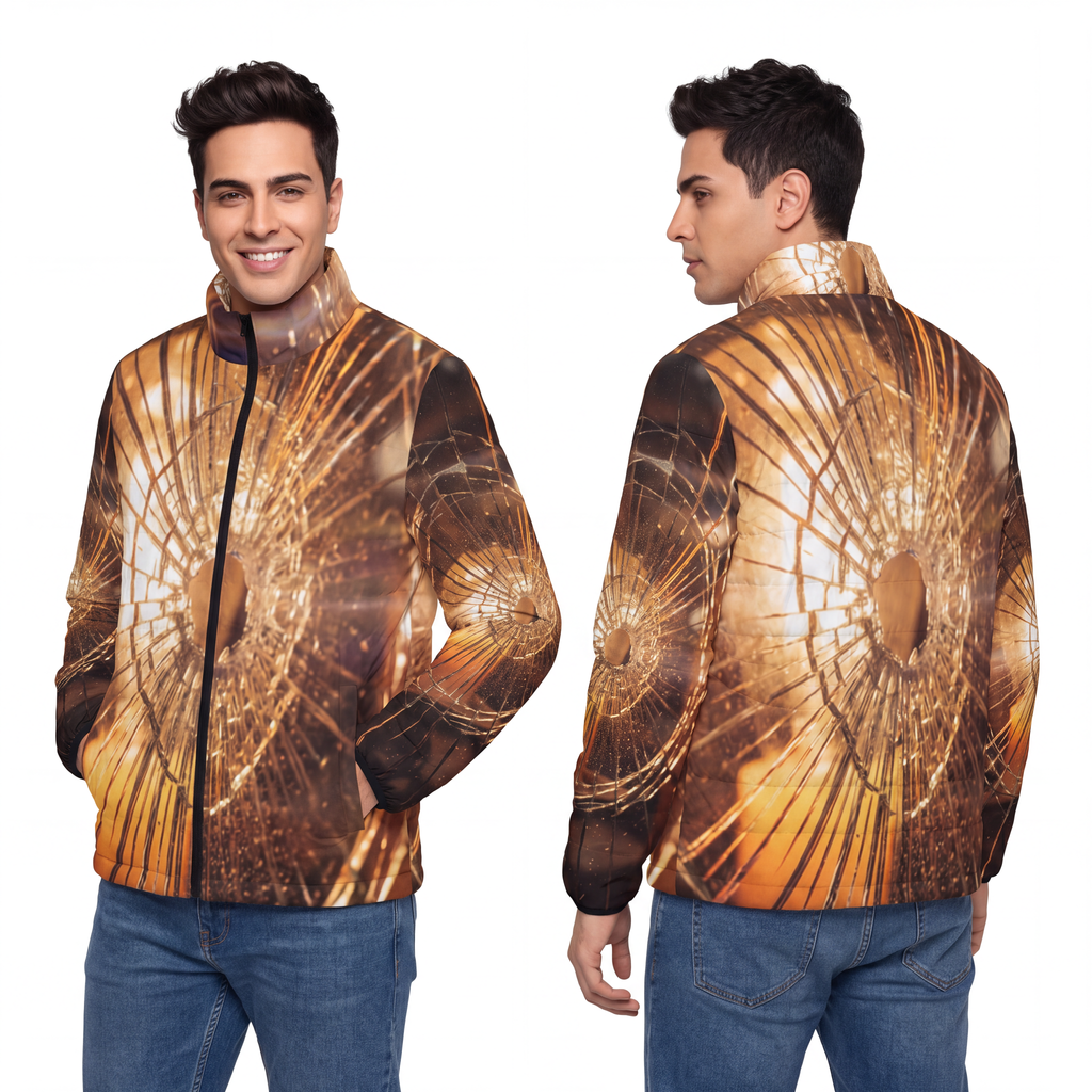 Men's Puffer Jacket - Fractured Light Amber Art - Cozy Moody...