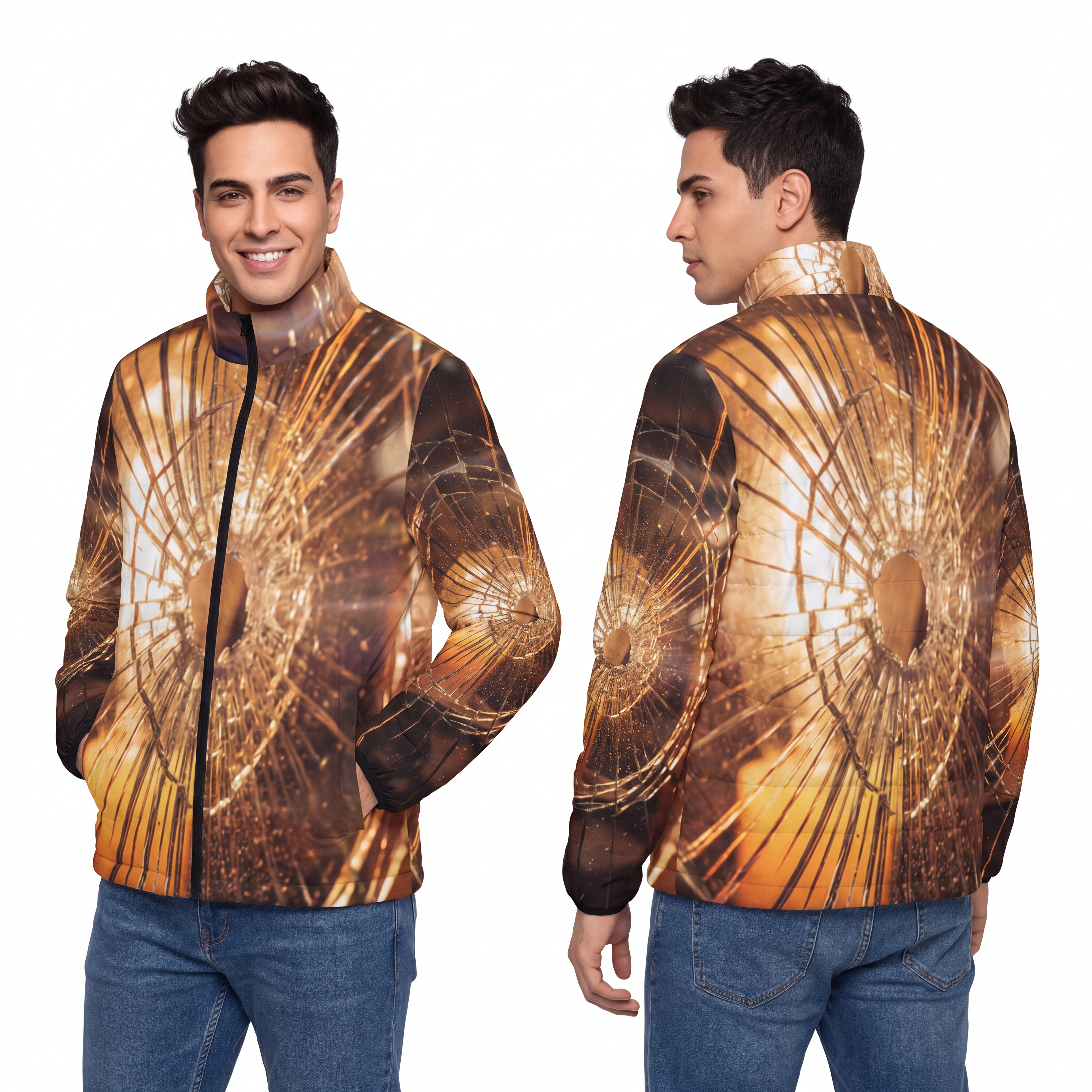 Men's Puffer Jacket - Fractured Light Amber Art - Cozy Moody...
