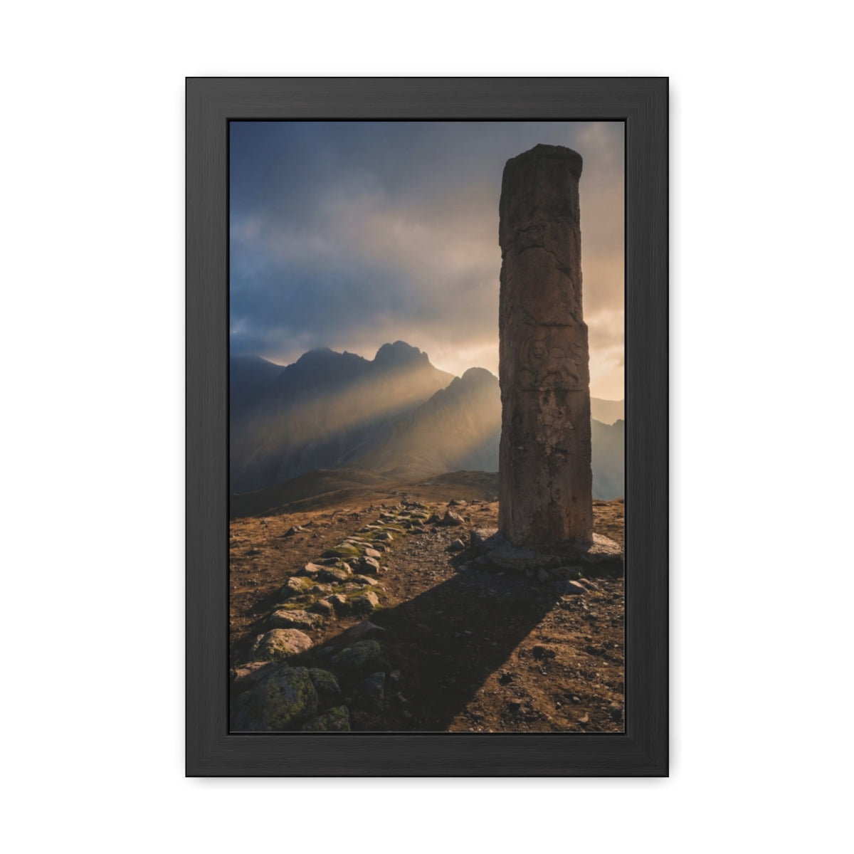 Framed Posters - Ancient Stone Column Mountain Sunset Art......