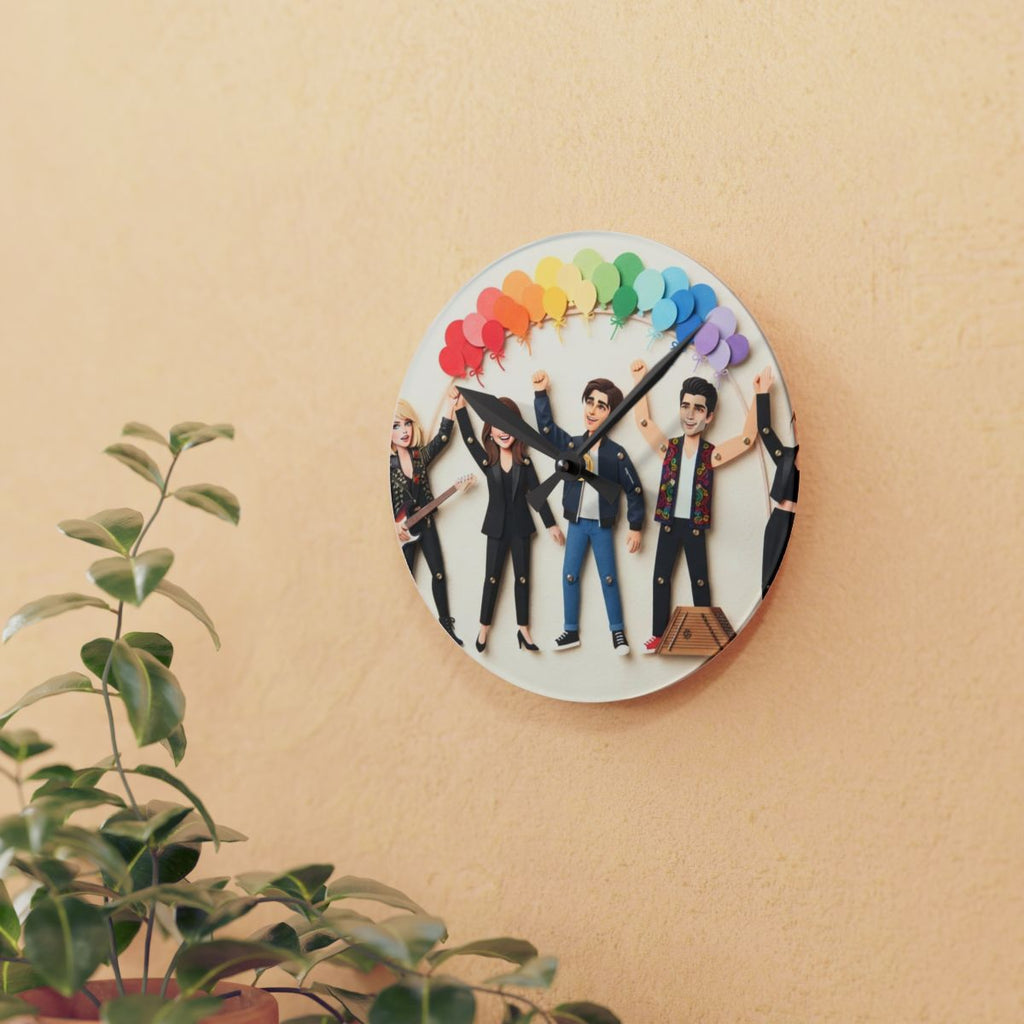 Acrylic Wall Clock - Papercraft Band Under Rainbow Balloons...