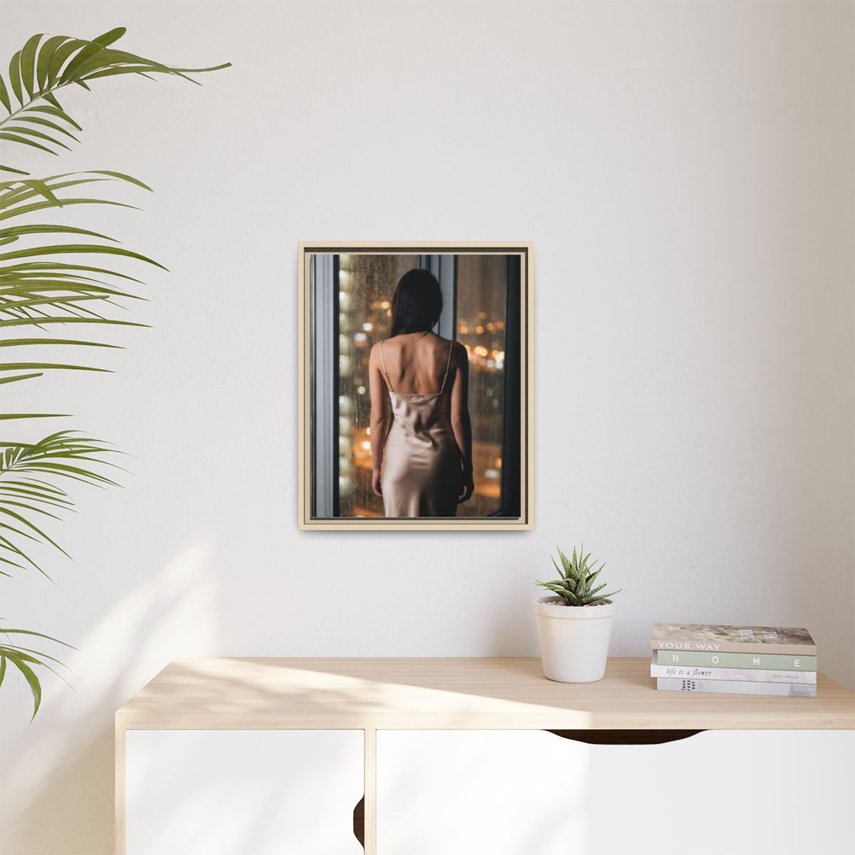 Matte Canvas, Framed - Rainy City lights Glow — Natural /......