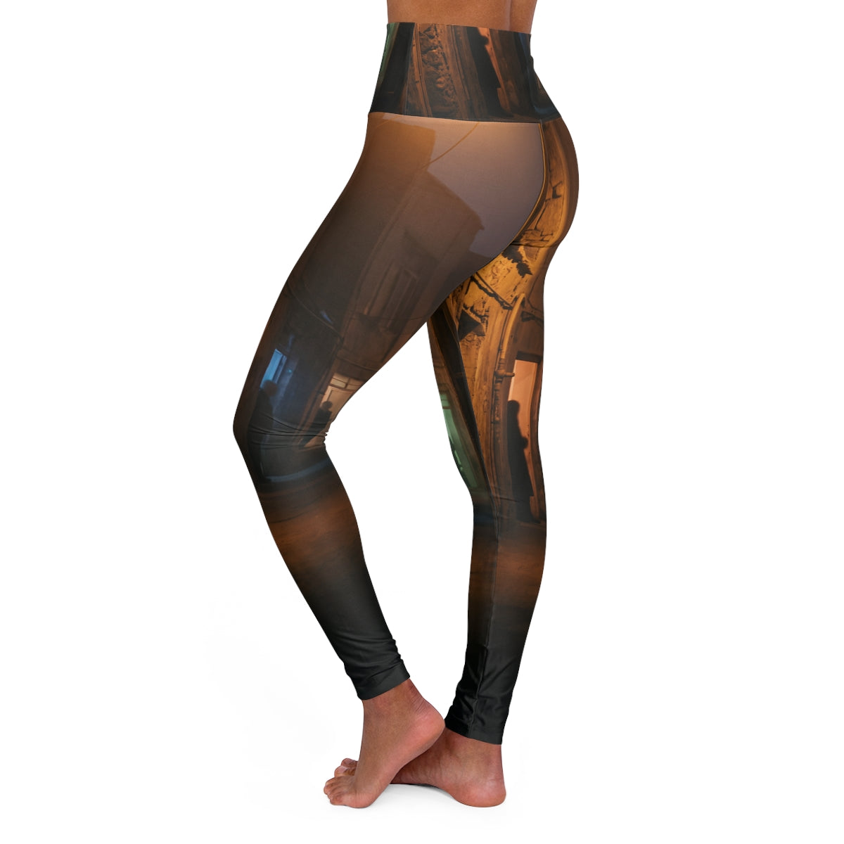 High Waisted Yoga Leggings - Shadowed Alleyway Mystery Art...