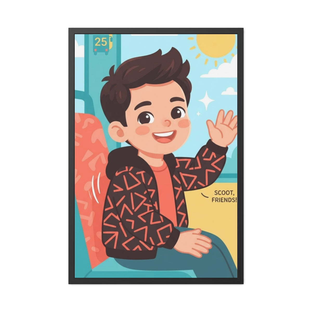 Framed Posters - Sunny Bus Ride Cheerful Boy Illustration —...