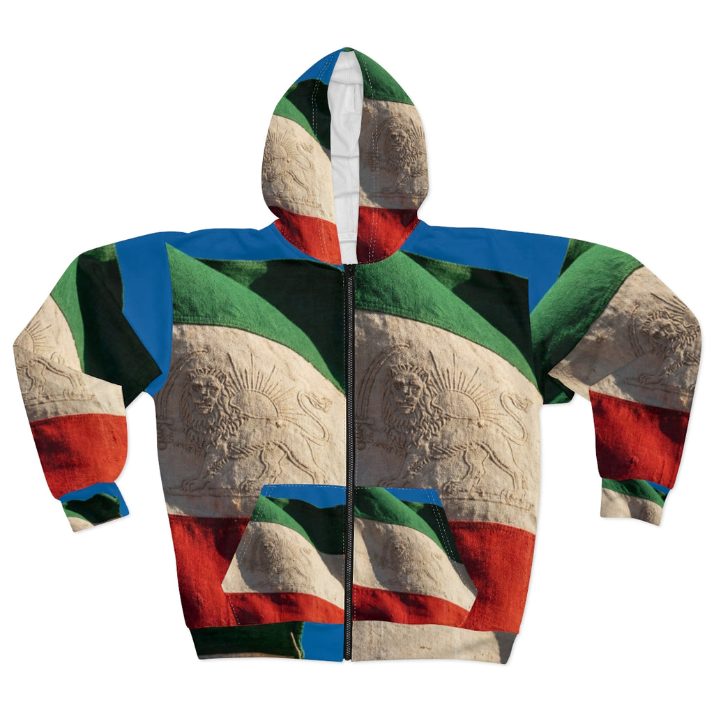 Unisex Zip Hoodie - Vintage Persian Lion and Sun Flag Art |...