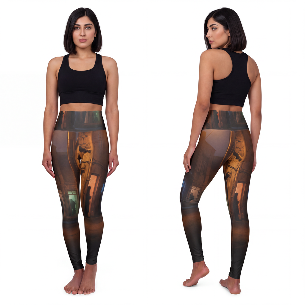 High Waisted Yoga Leggings - Shadowed Alleyway Mystery Art...
