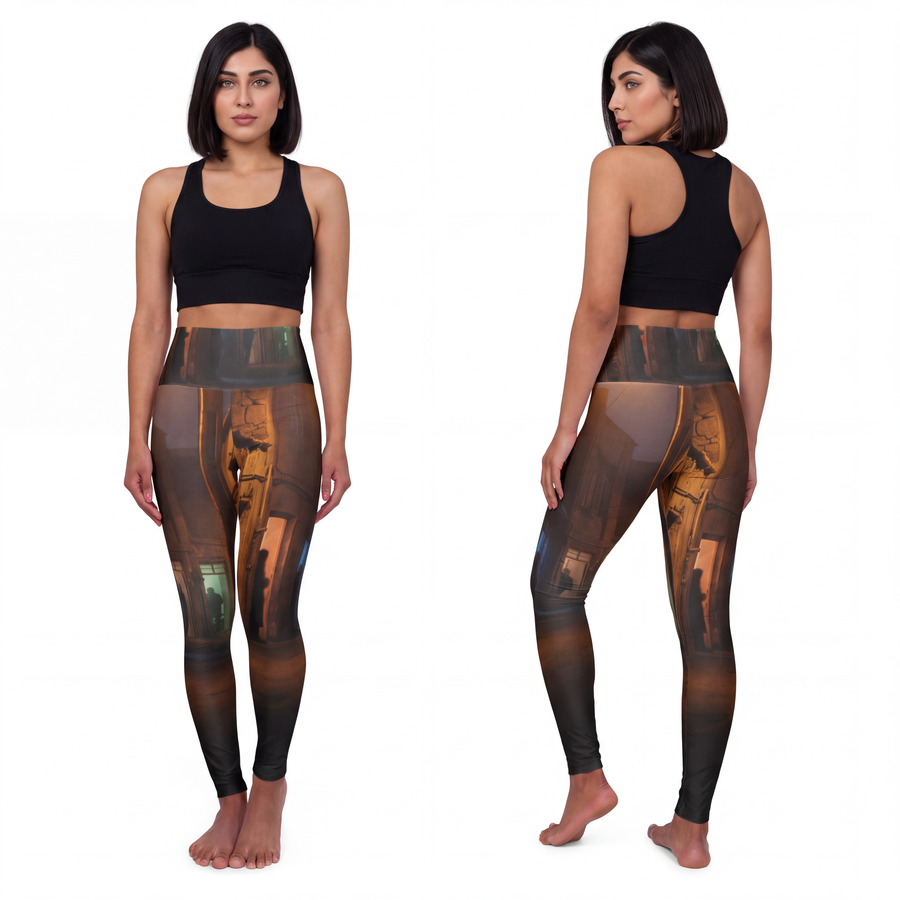 High Waisted Yoga Leggings - Shadowed Alleyway Mystery Art Print