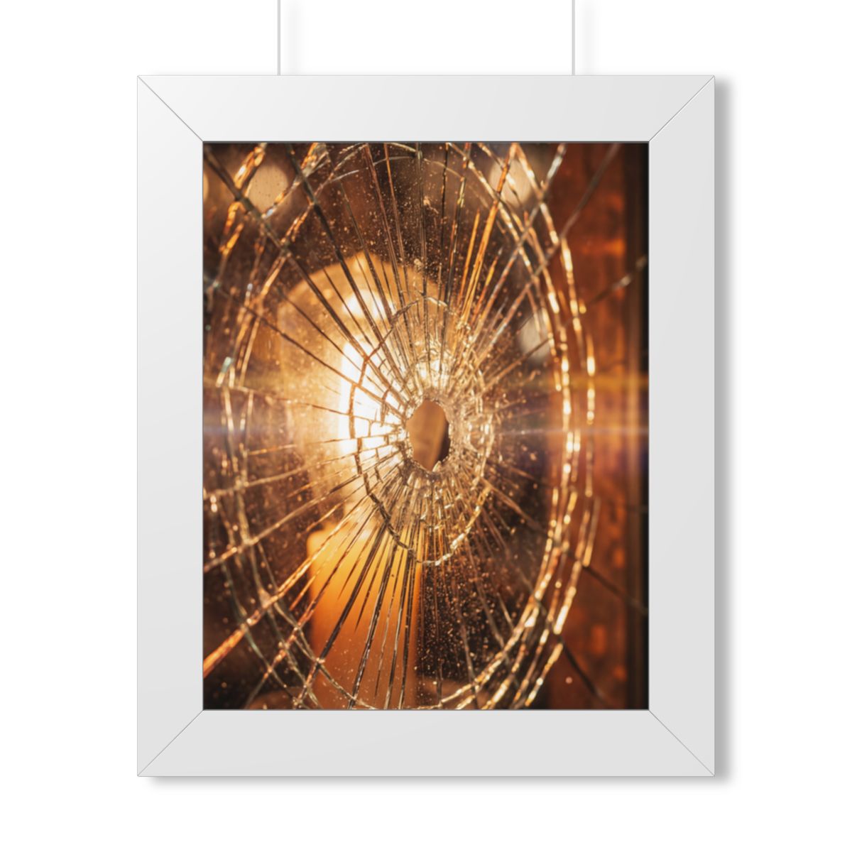 Framed Vertical Poster - Shattered Amber Glass Art — White...