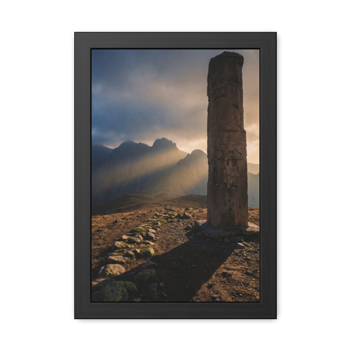 Framed Posters - Ancient Stone Column Mountain Sunset Art......
