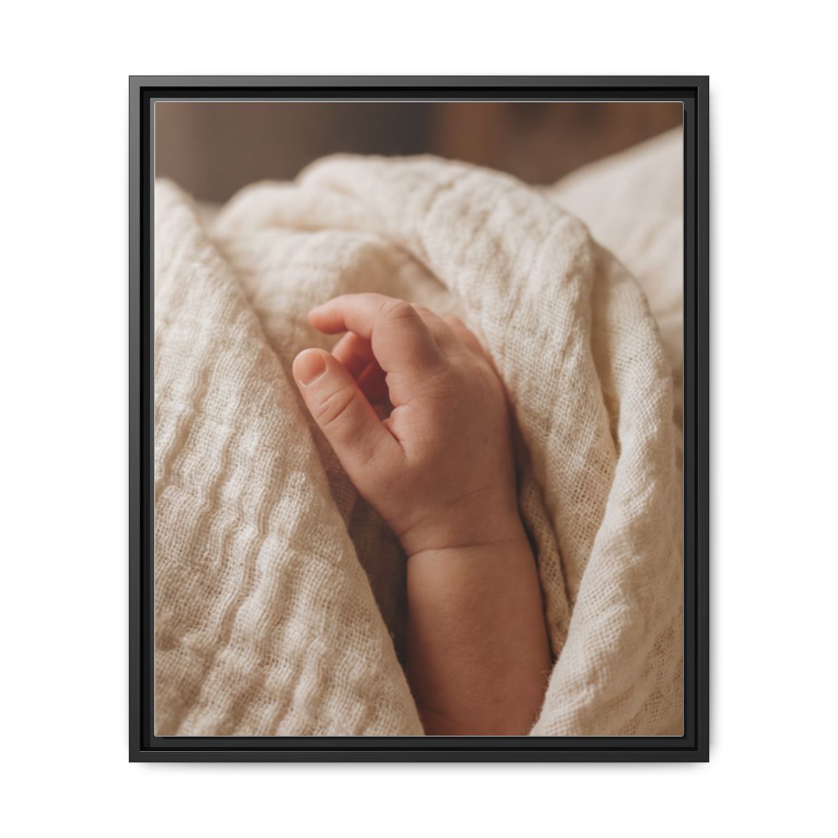 Framed Matte Canvas - Tender Newborn Hand (8×10, 9×12, 11×14, 12×16, 10×20, 12×18, 16×20, 16×24, 18×24, 12×36, 20×24, 16×32, 20×30, 24×30, 24×32, 16×48, 24×36, 24×48, 30×40, 20×60, 32×48, 30×60 & 40×60)