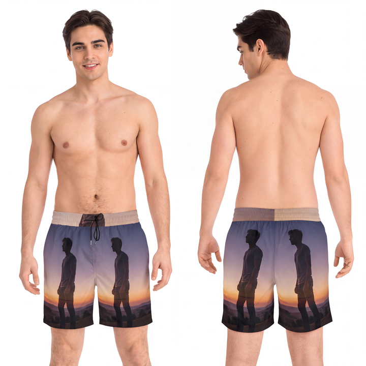 Men's Mid-Length Swim Shorts - Twilight Wanderer Golden Hour Silhouette
