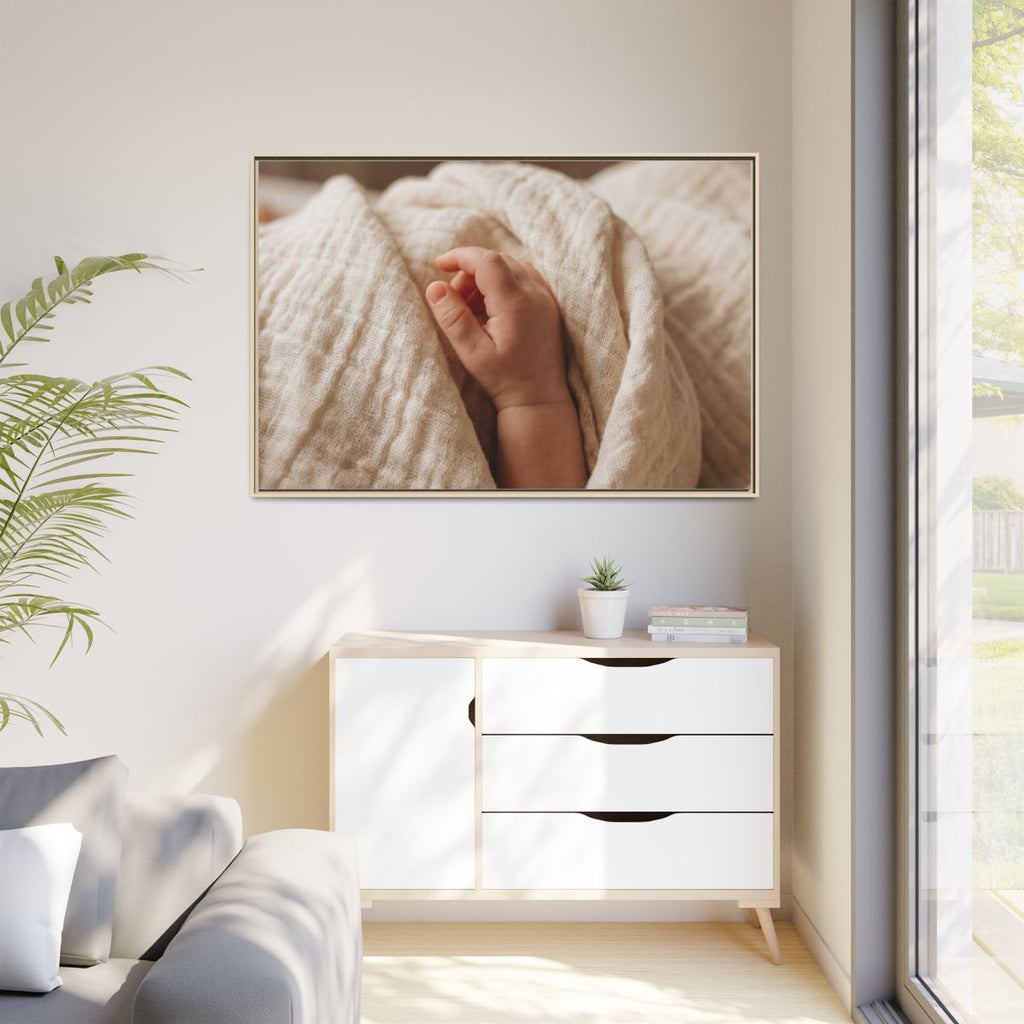 Matte Canvas, Framed - Tender Newborn Hand in Soft Muslin......