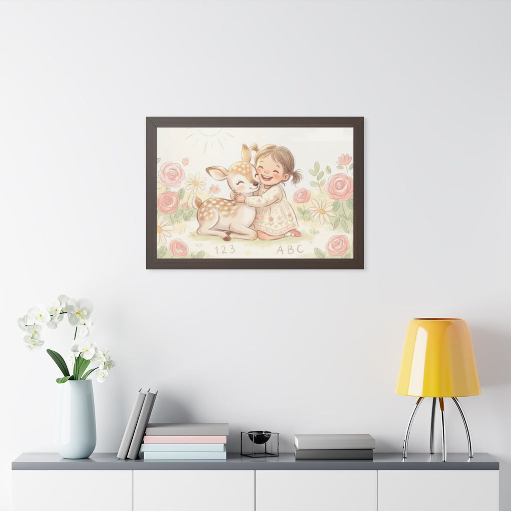 Framed Horizontal Poster - Gentle Hug Meadow Deer Art —... |...