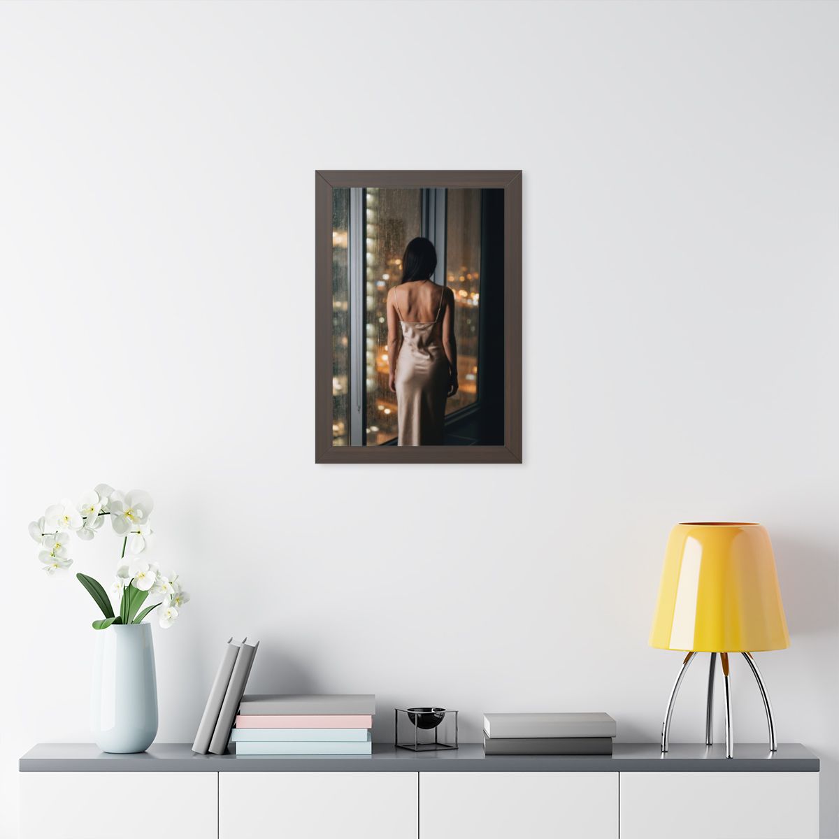Framed Vertical Poster - Shimmering Rainscape — Walnut... |...