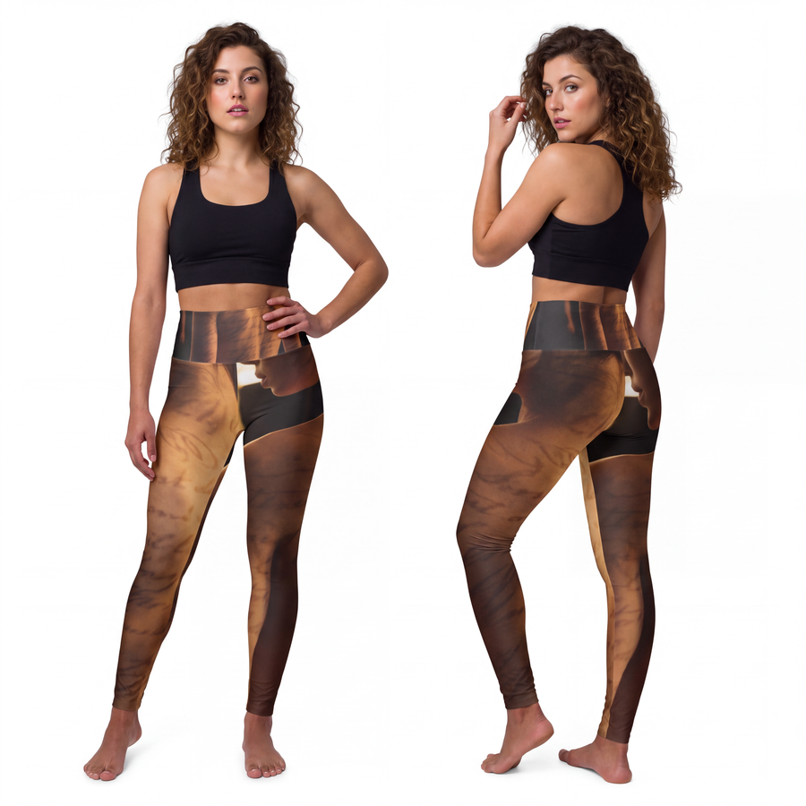 High Waisted Yoga Leggings - Scribed Shadows Moody Calligraphy Portrait