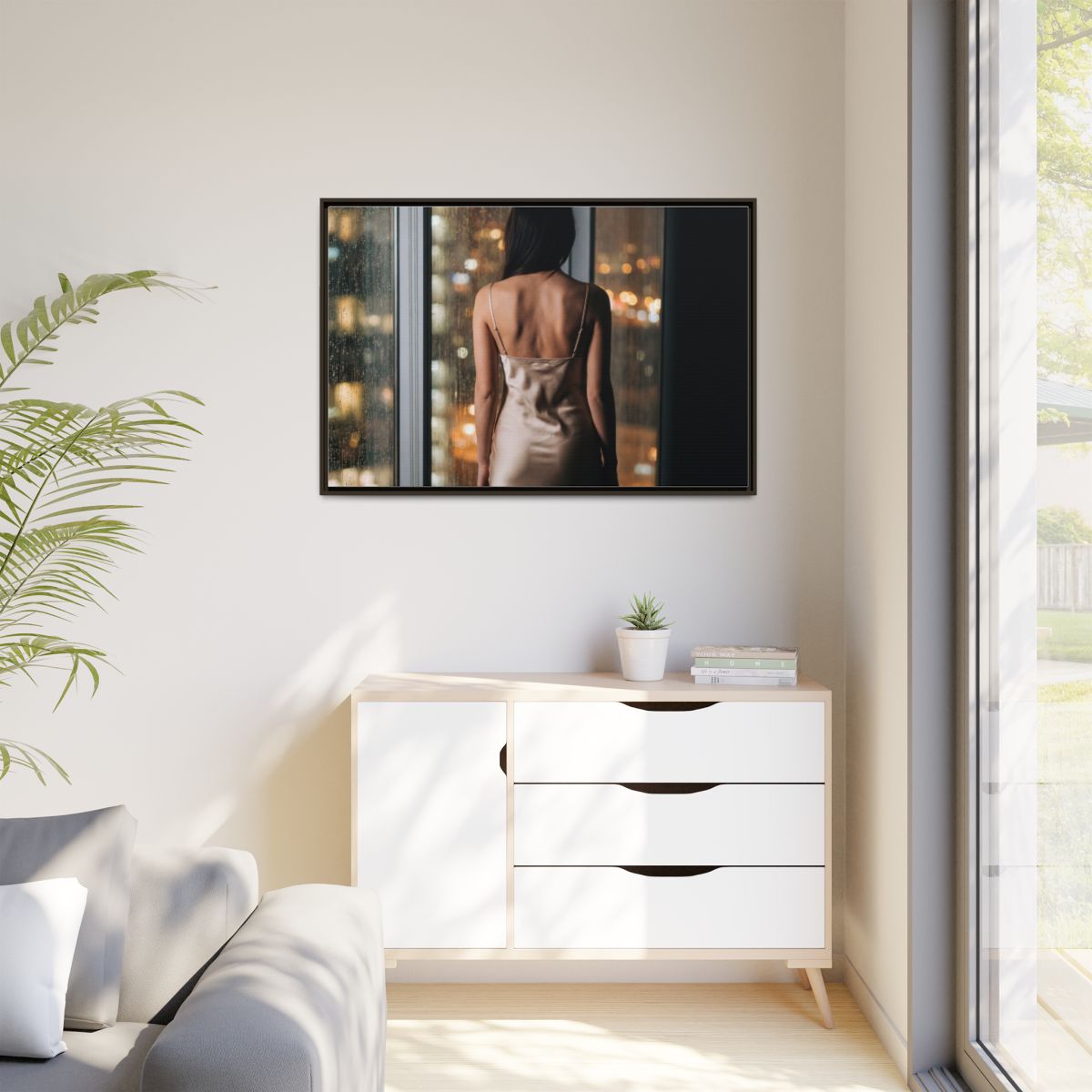 Matte Canvas, Framed - Rainy City lights Glow — Espresso /...