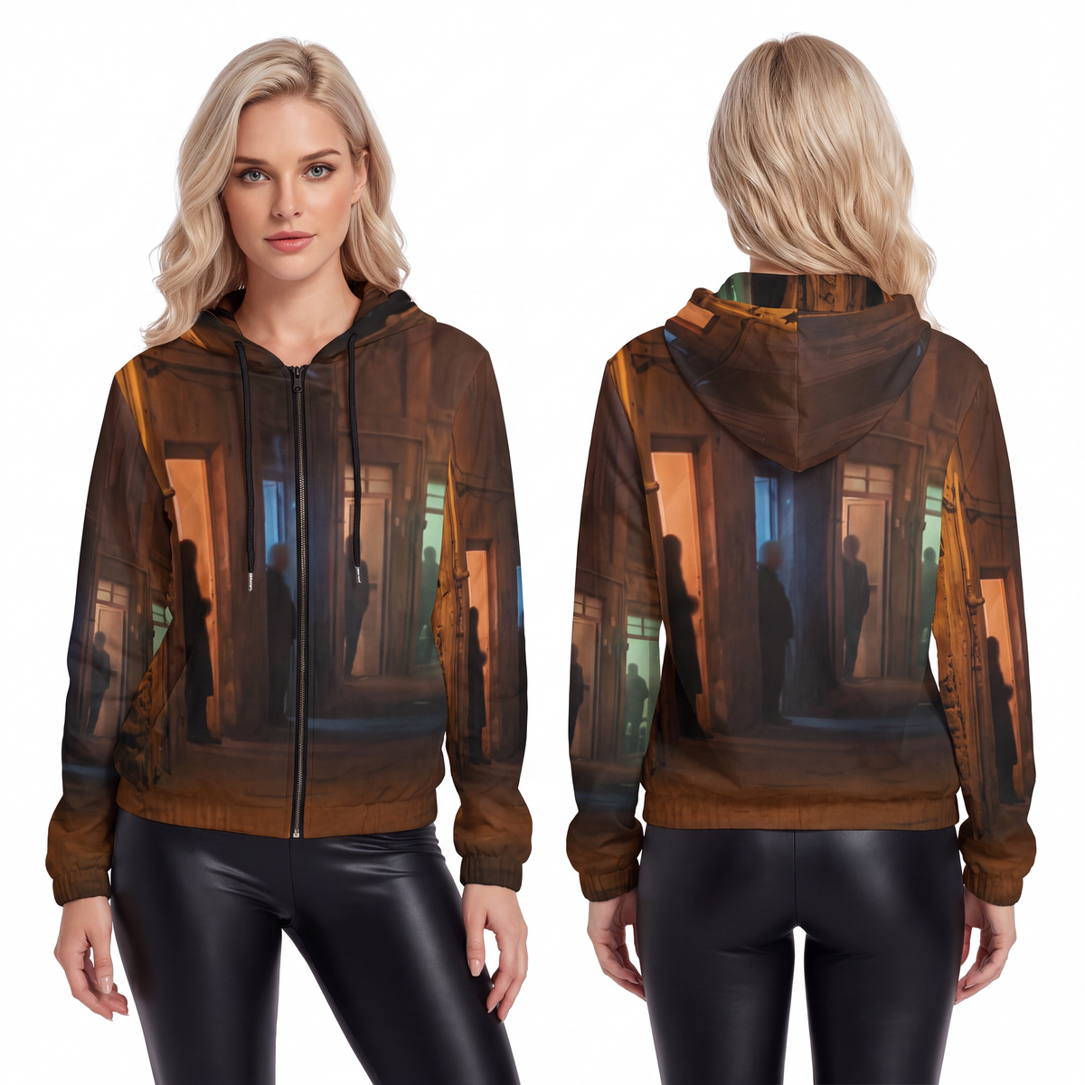 Women's Full-Zip Hoodie - Shadowed Alleyway Mystery Art... |...