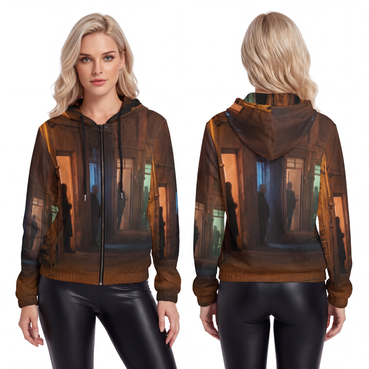 Women's Full-Zip Hoodie - Shadowed Alleyway Mystery Art Print