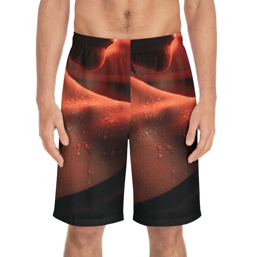 Men's Board Shorts - Crimson Neon Glow - Cinematic Portrait...
