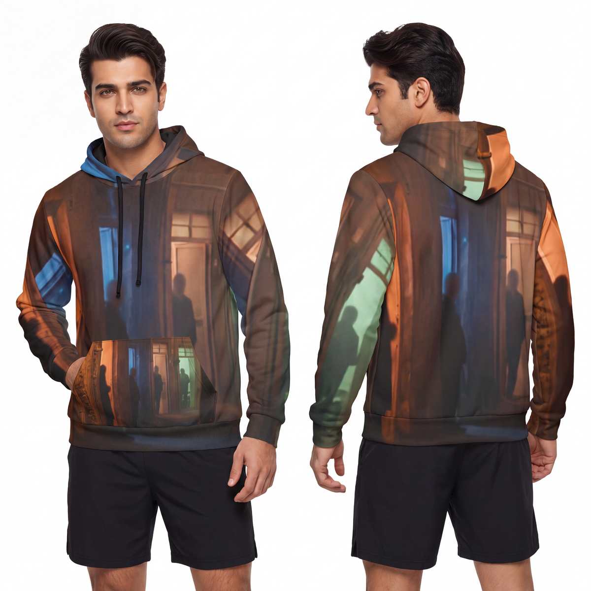 Men's Athletic Hoodie - Nocturnal Alleyway Misty Street Art...