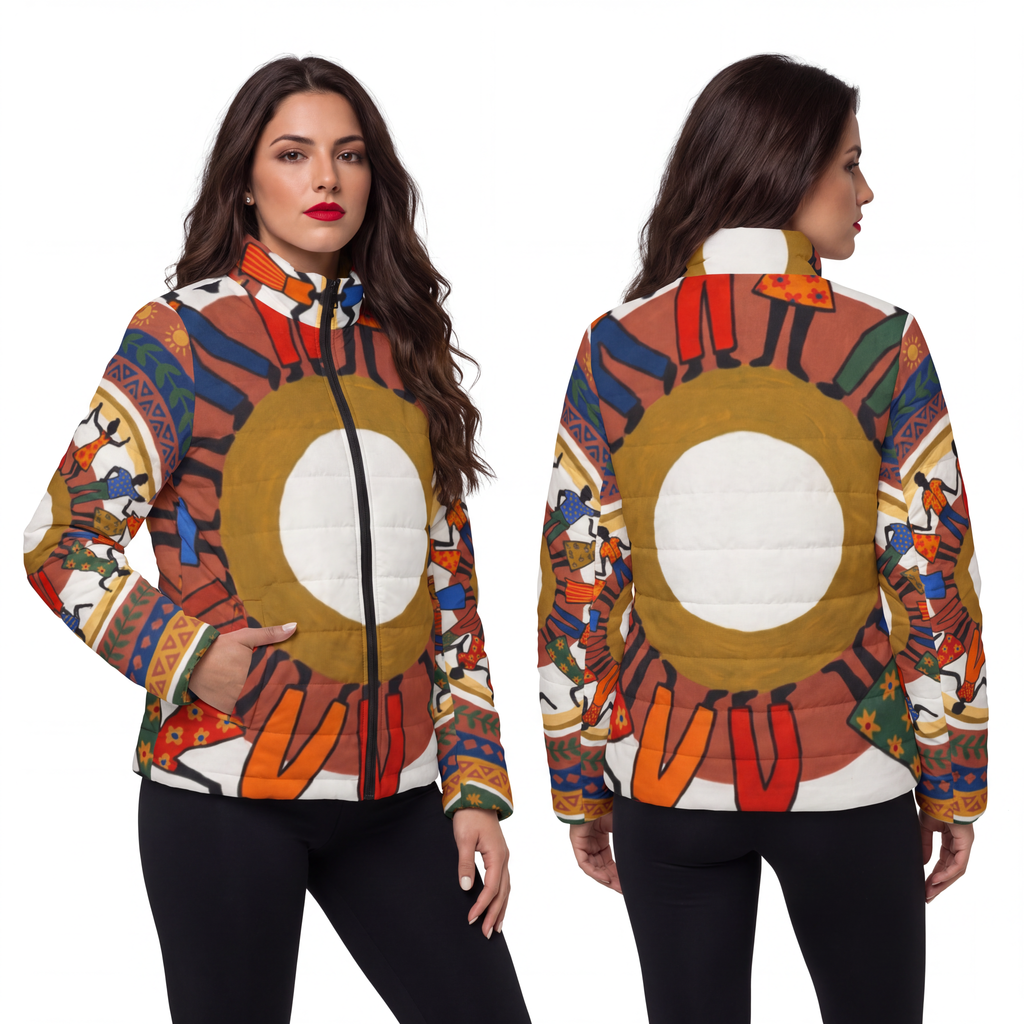 Women's Puffer Jacket - Unity Mandala Folk Art | Echovira...
