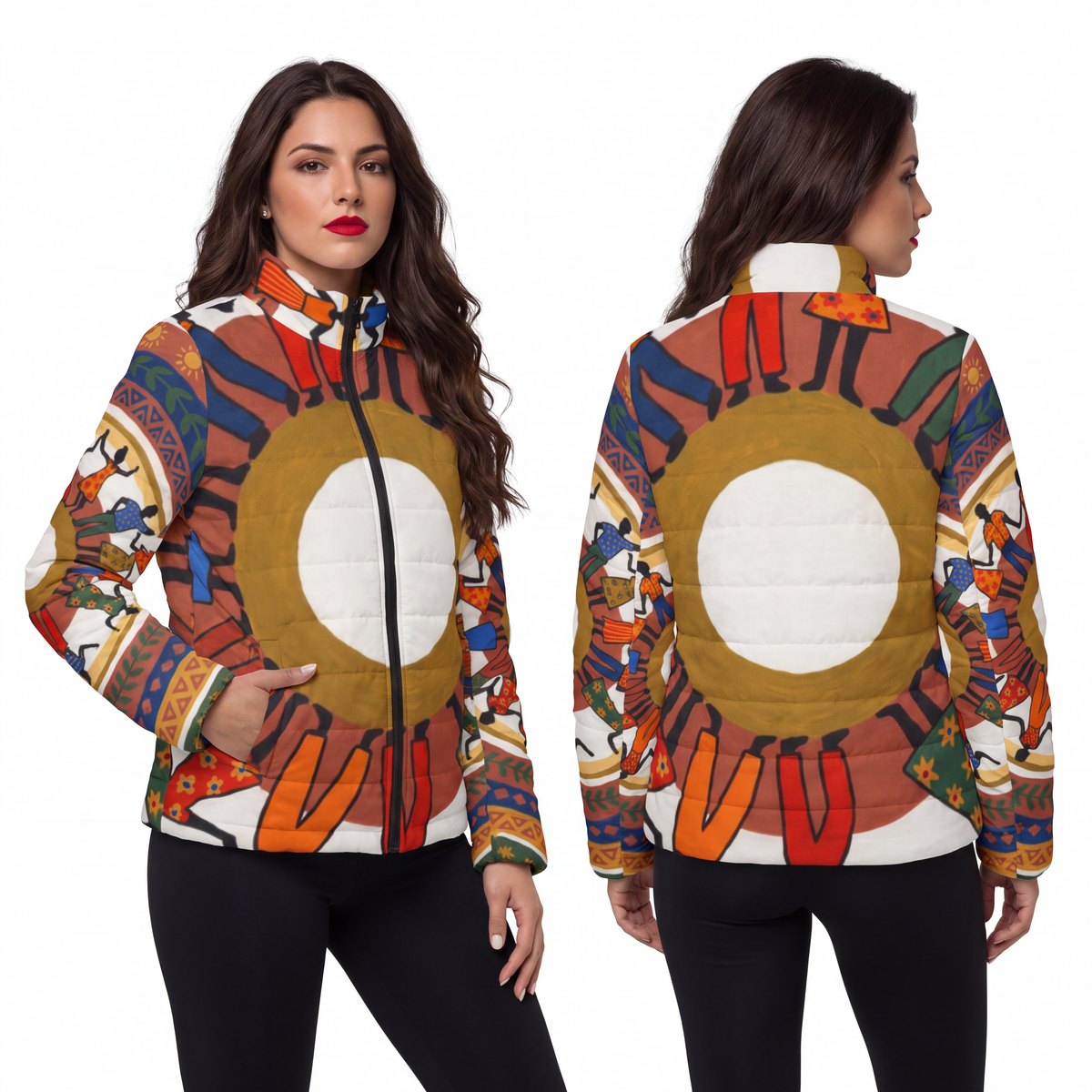 Women's Puffer Jacket - Unity Mandala Folk Art | Echovira...