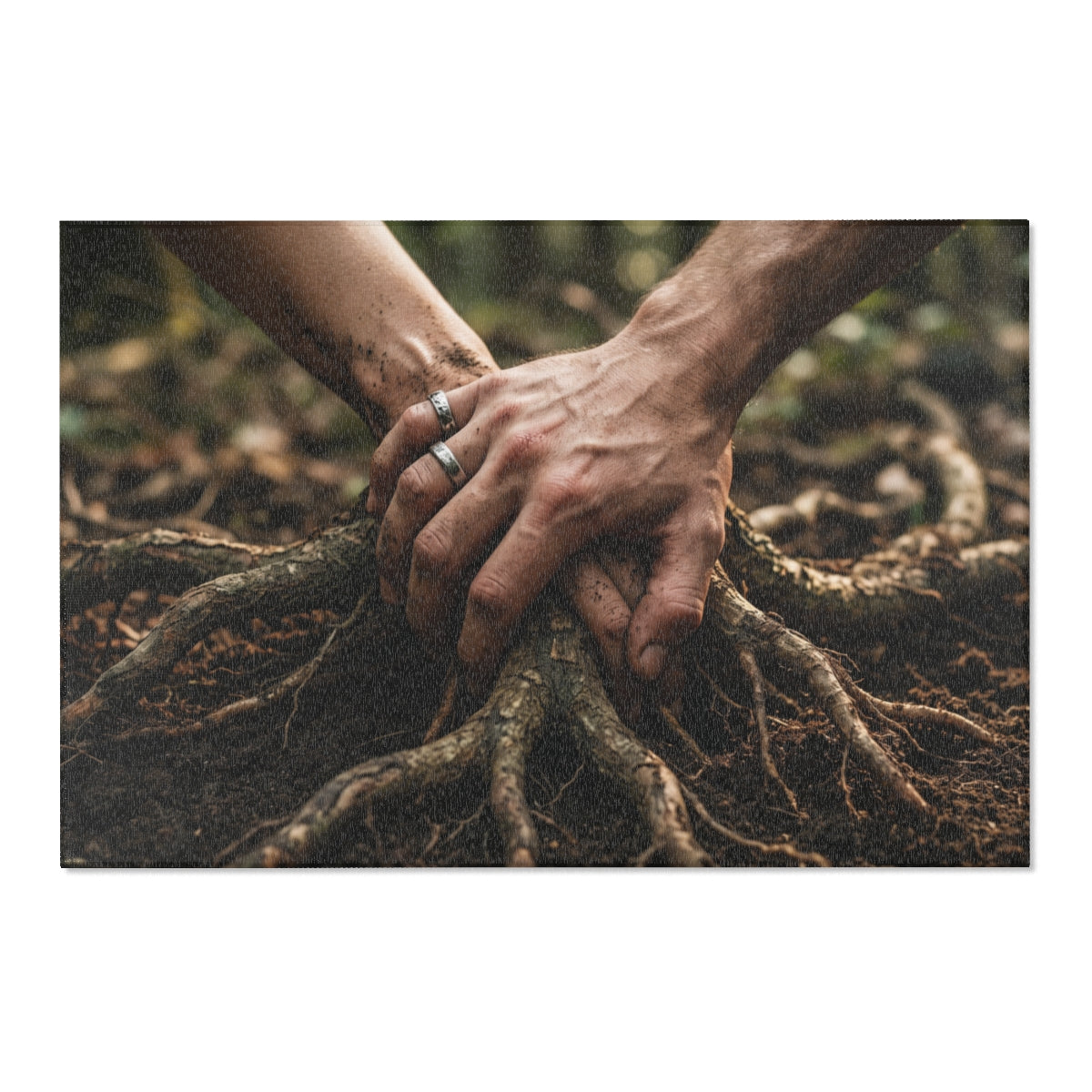 Area Rugs with Forest Roots and Hands Art