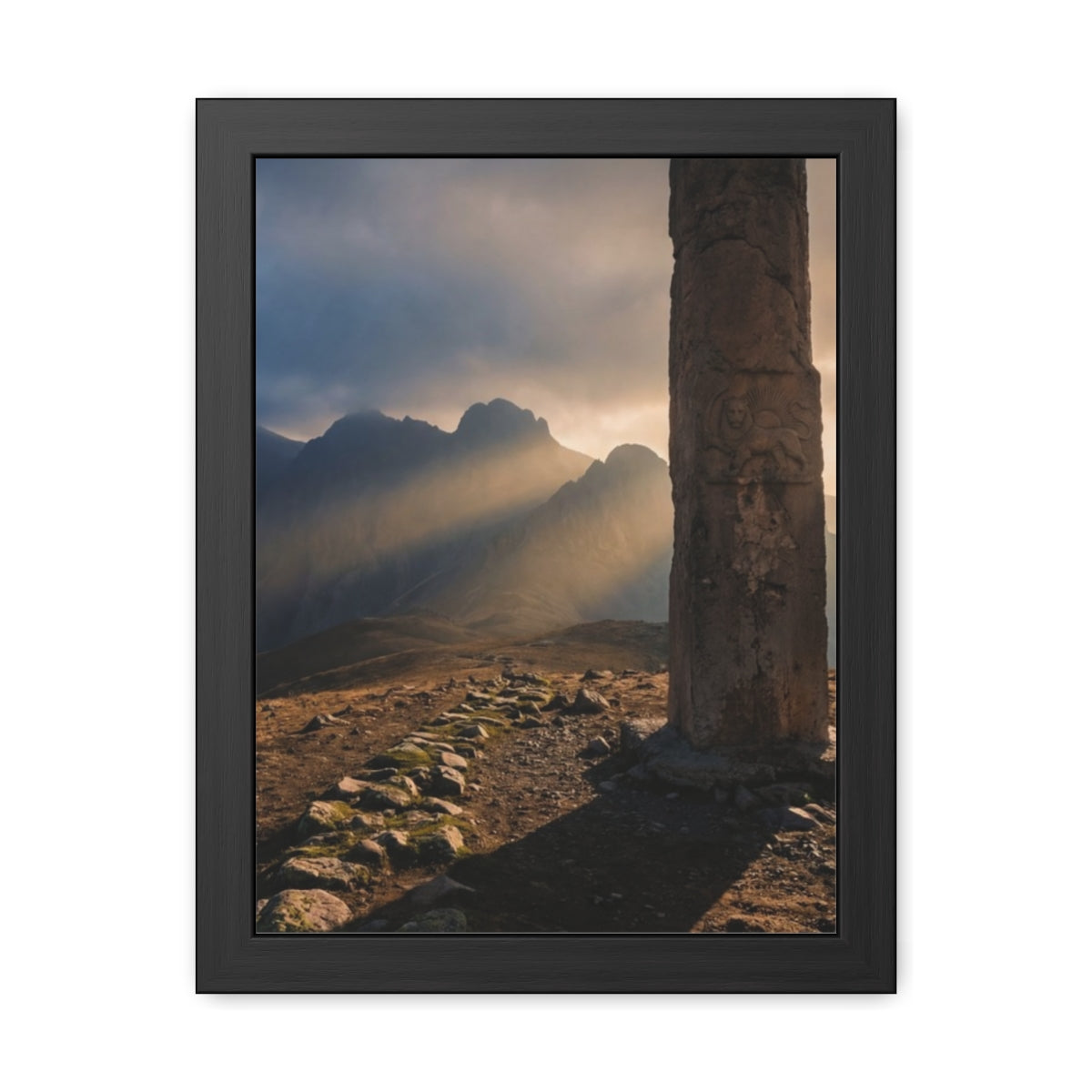 Framed Posters - Ancient Stone Column Mountain Sunset Art......