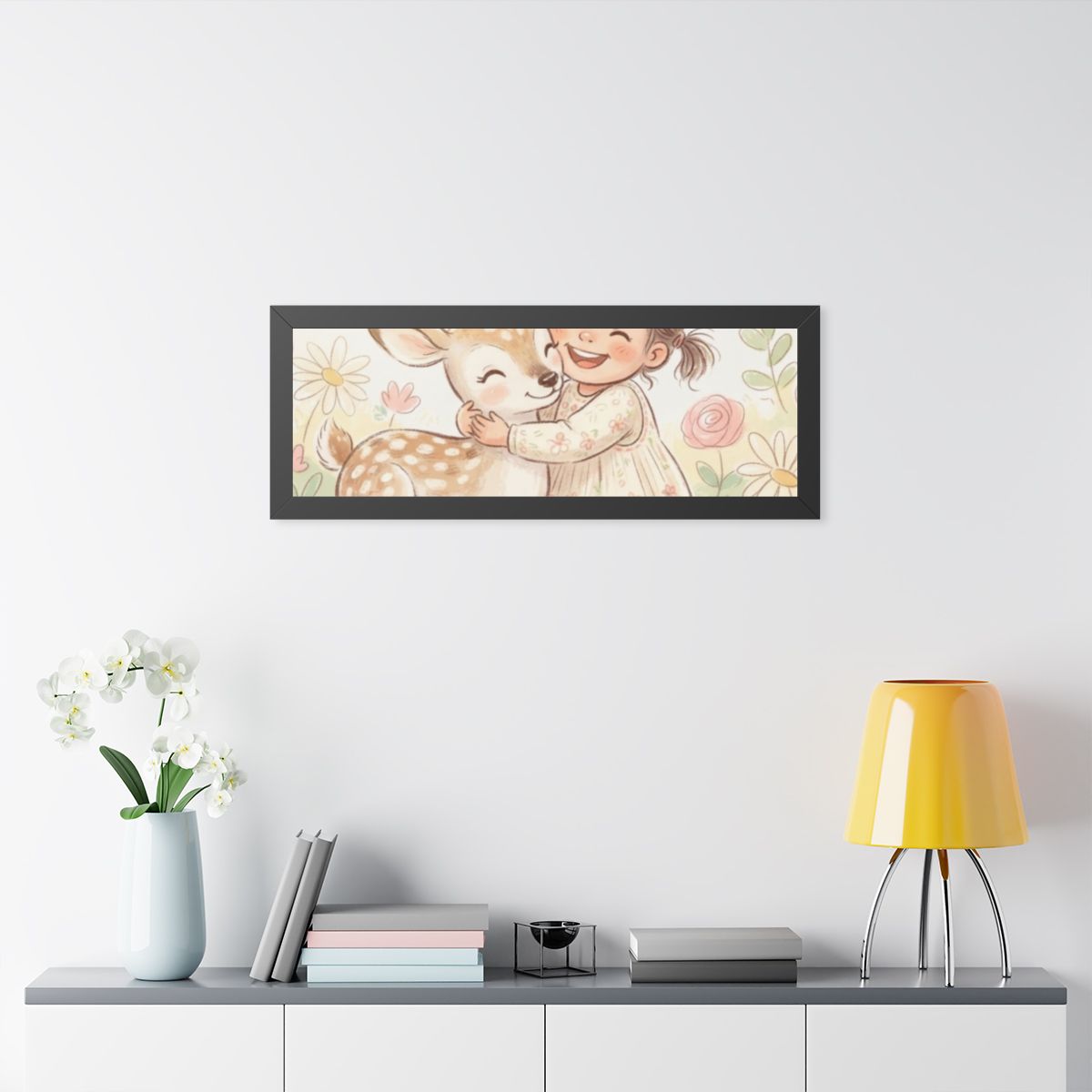Framed Horizontal Poster - Gentle Hug Meadow Deer Art —... |...