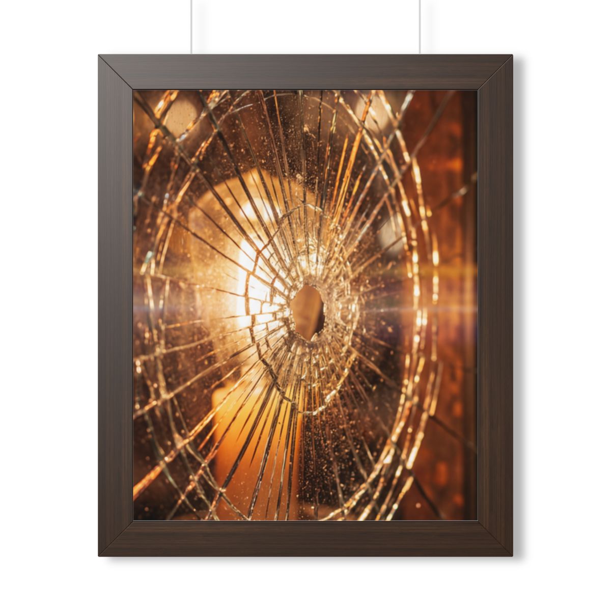 Framed Vertical Poster - Shattered Amber Glass Art — Walnut...