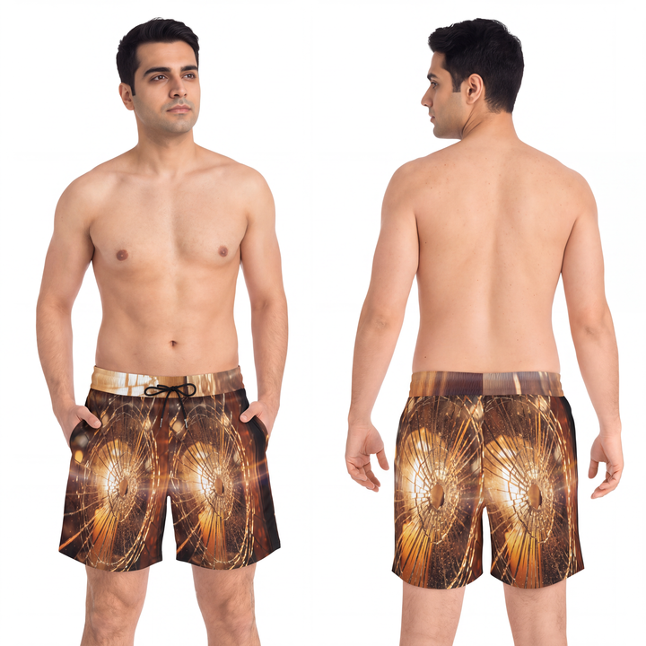 Men's Mid-Length Swim Shorts - Fractured Glow Shattered Glass Art