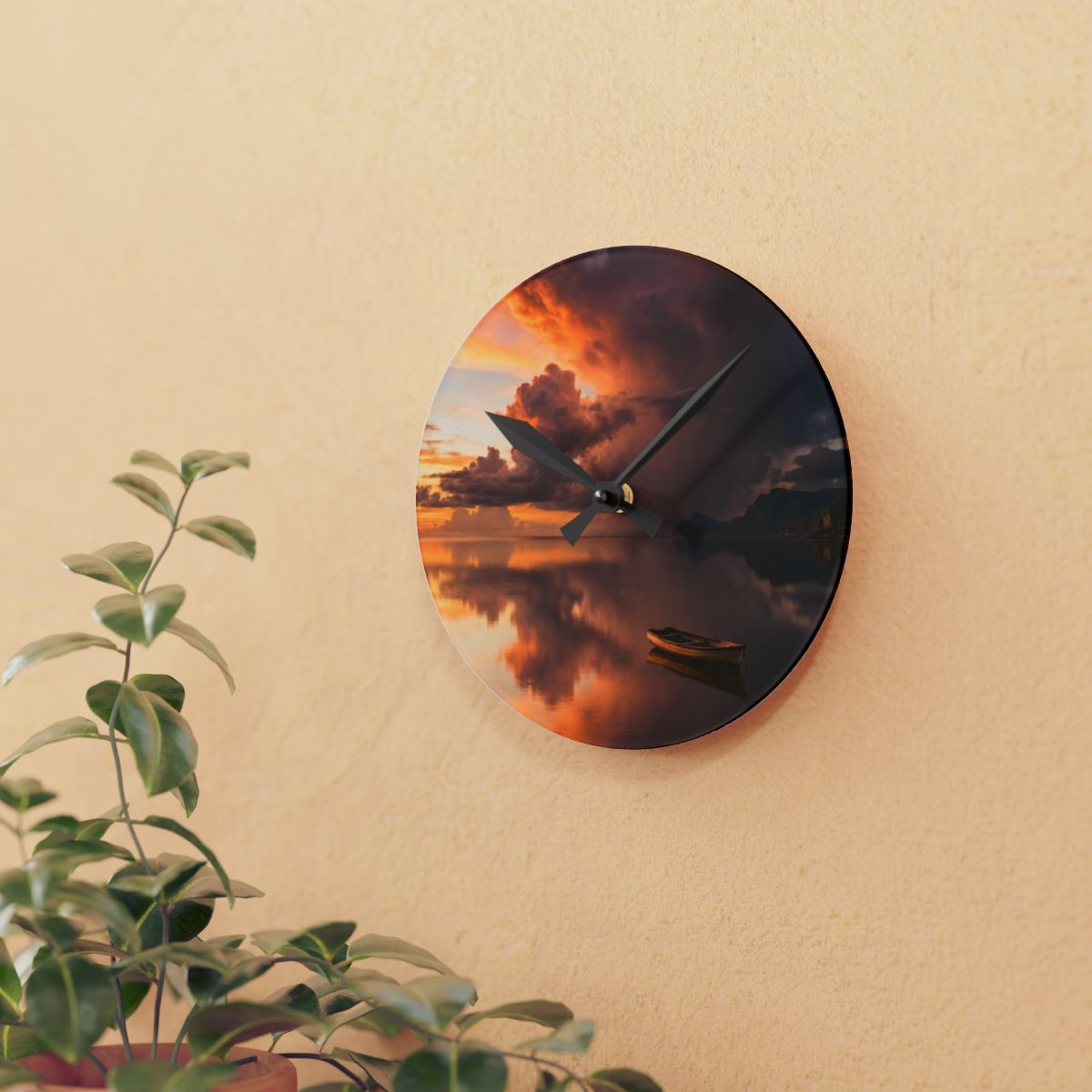 Acrylic Wall Clock - Sunset Lake Silent Timepiece | Echovira...