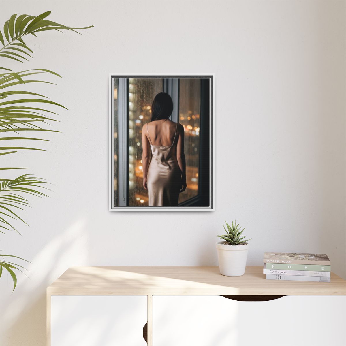 Matte Canvas, Framed - Rainy City lights Glow — White /... |...