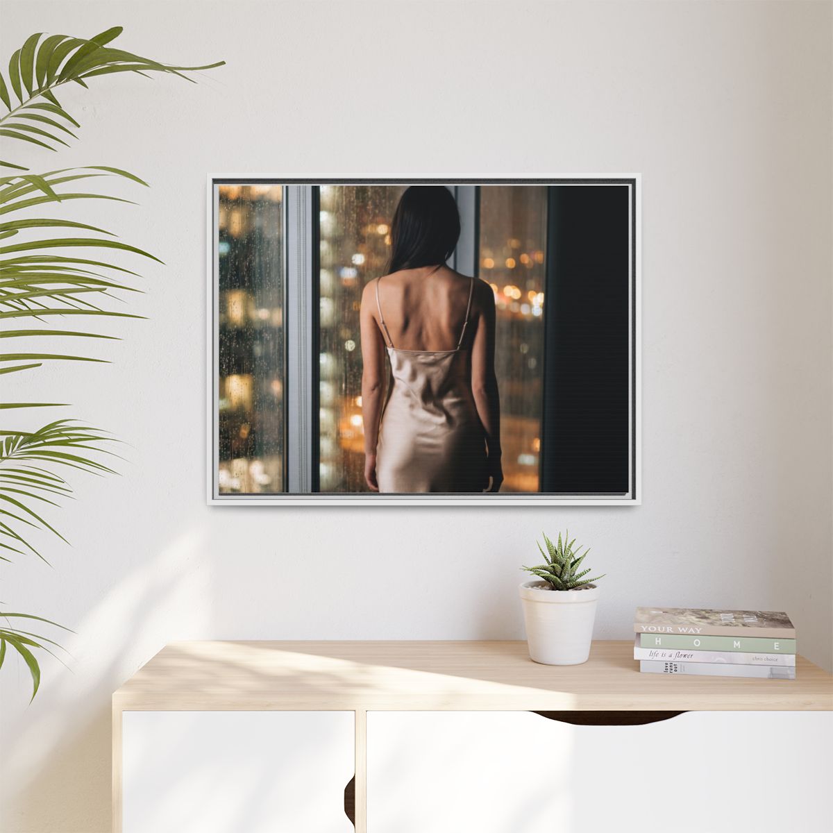 Matte Canvas, Framed - Rainy City lights Glow — White /... |...