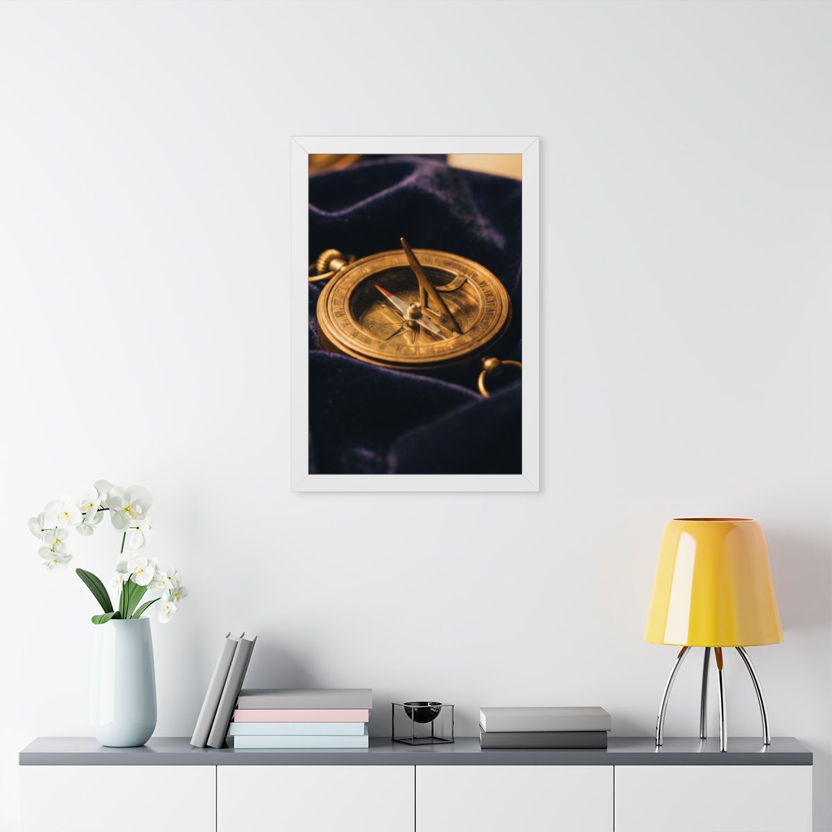 Framed White Poster Vintage Sundial Compass Art