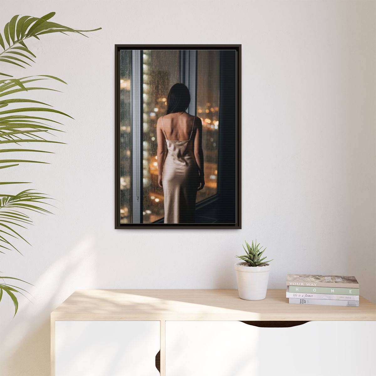 Matte Canvas, Framed - Rainy City lights Glow — Espresso /...