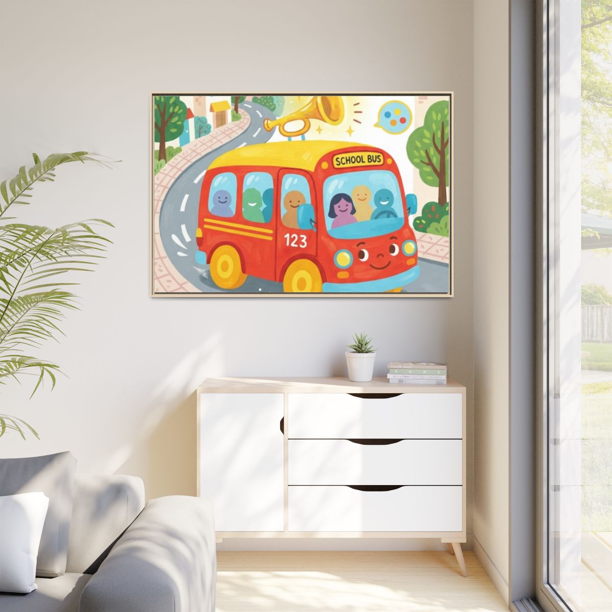 Matte Canvas - Framed Bus Town Canvas Art — Natural / 1.25"...