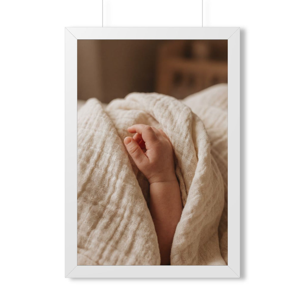 Framed Vertical Poster - Tender Newborn Hand in Soft Muslin...