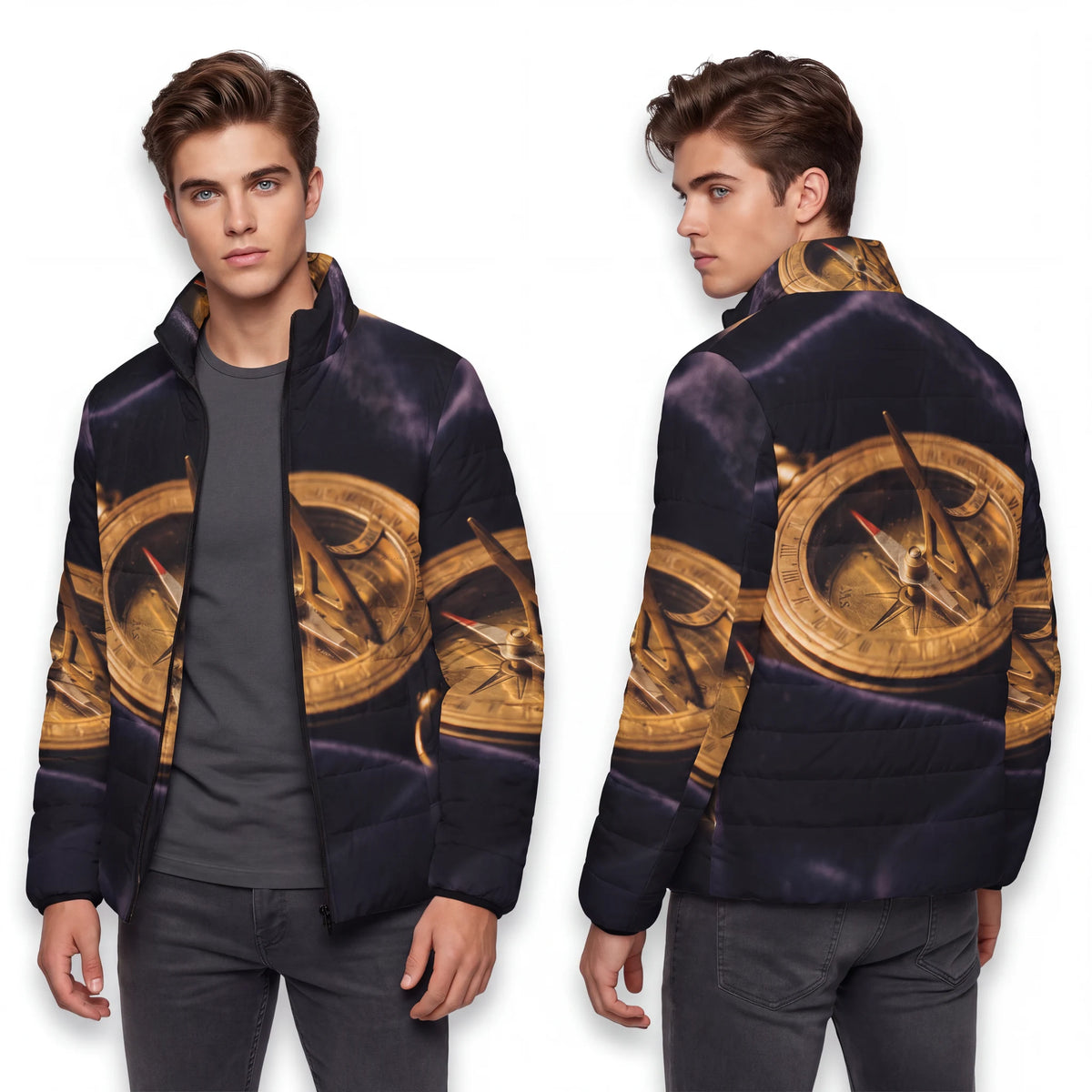 Men's Puffer Jacket Vintage Brass Sundial Art