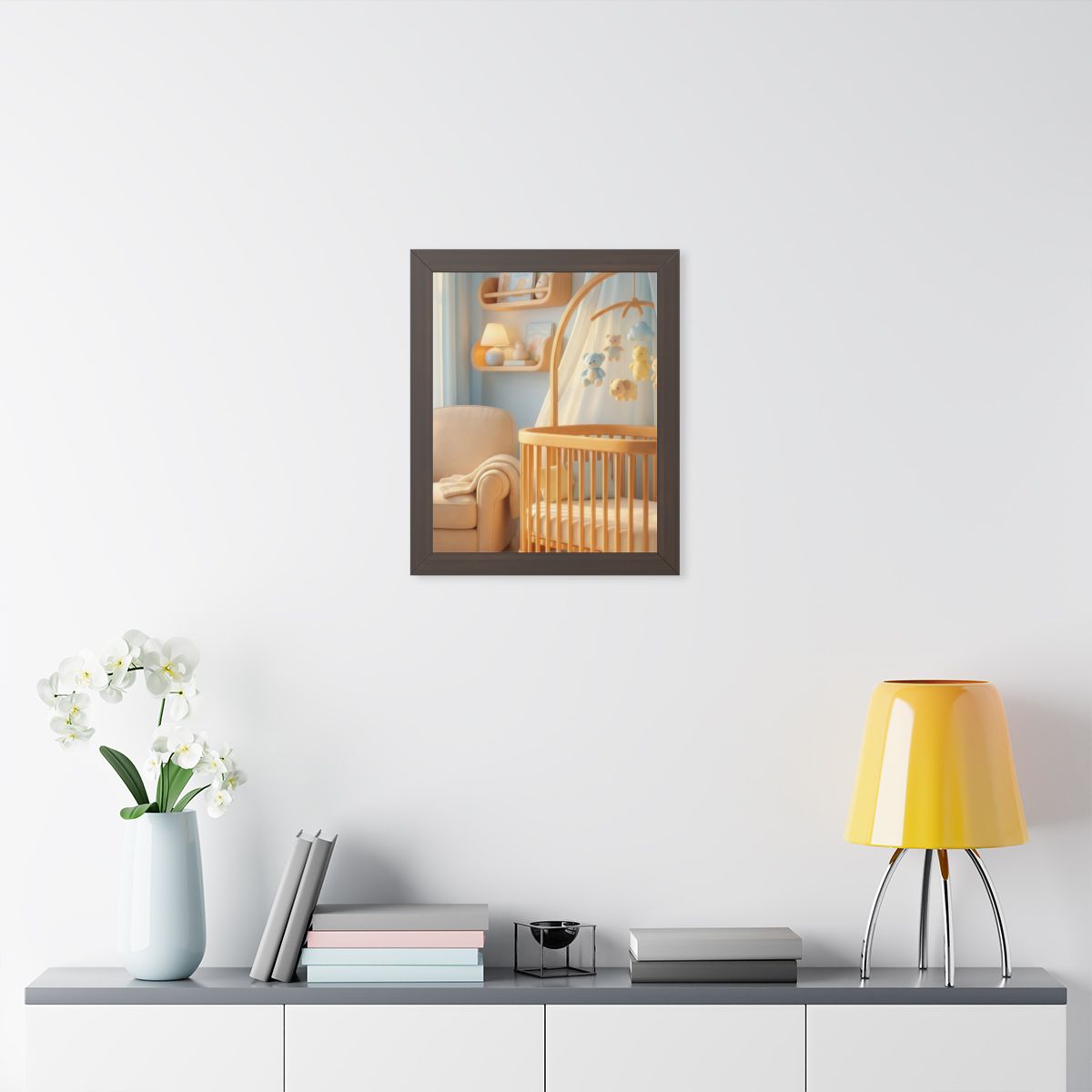 Framed Vertical Poster - Dreamy Serene Nursery Art — Walnut...