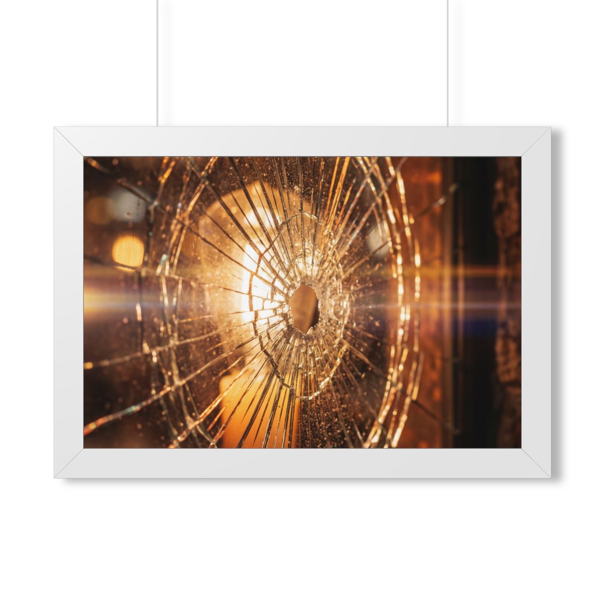 Framed Horizontal Poster - Shattered Amber Glass Art — White...