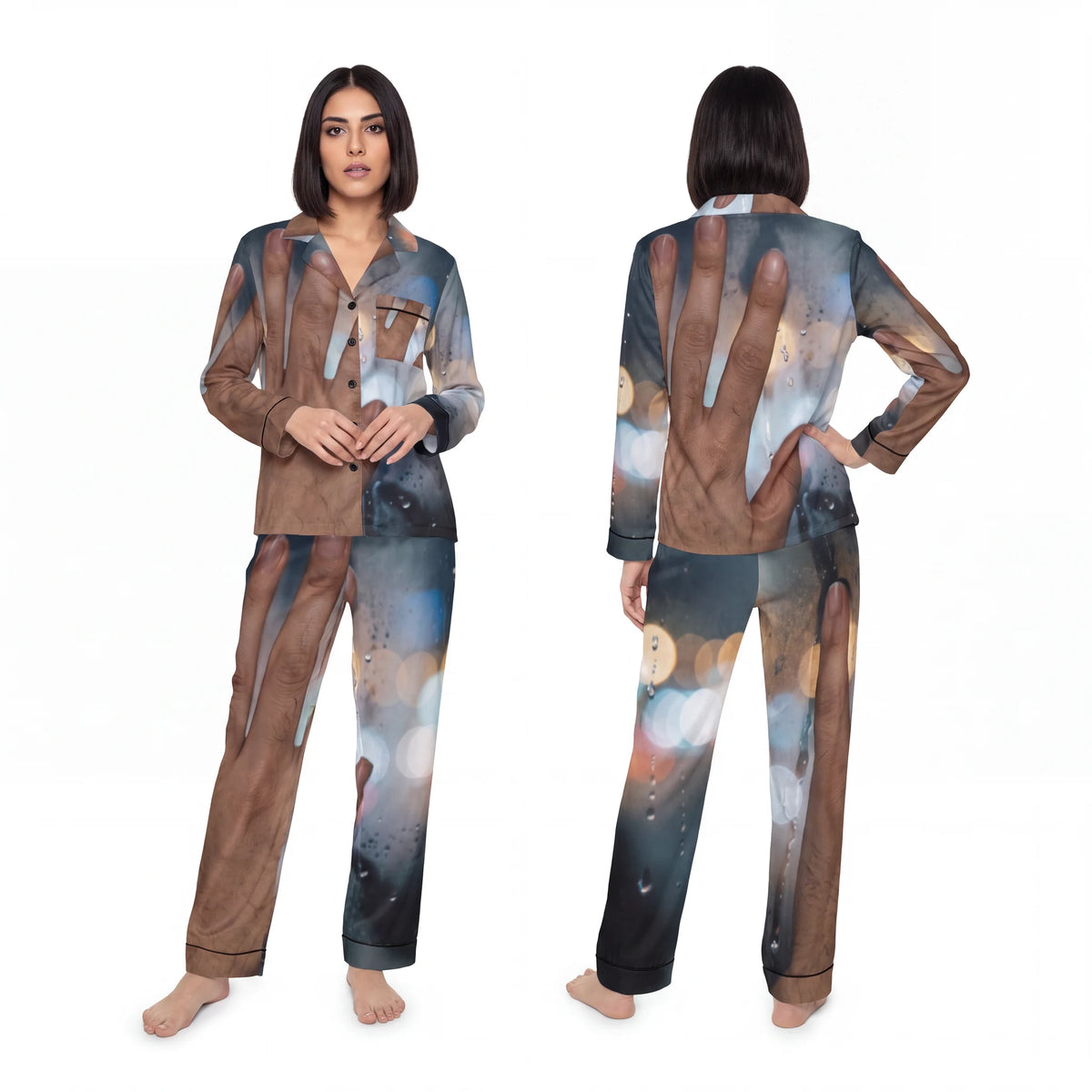 Women's Satin Pajamas Rainy City Window