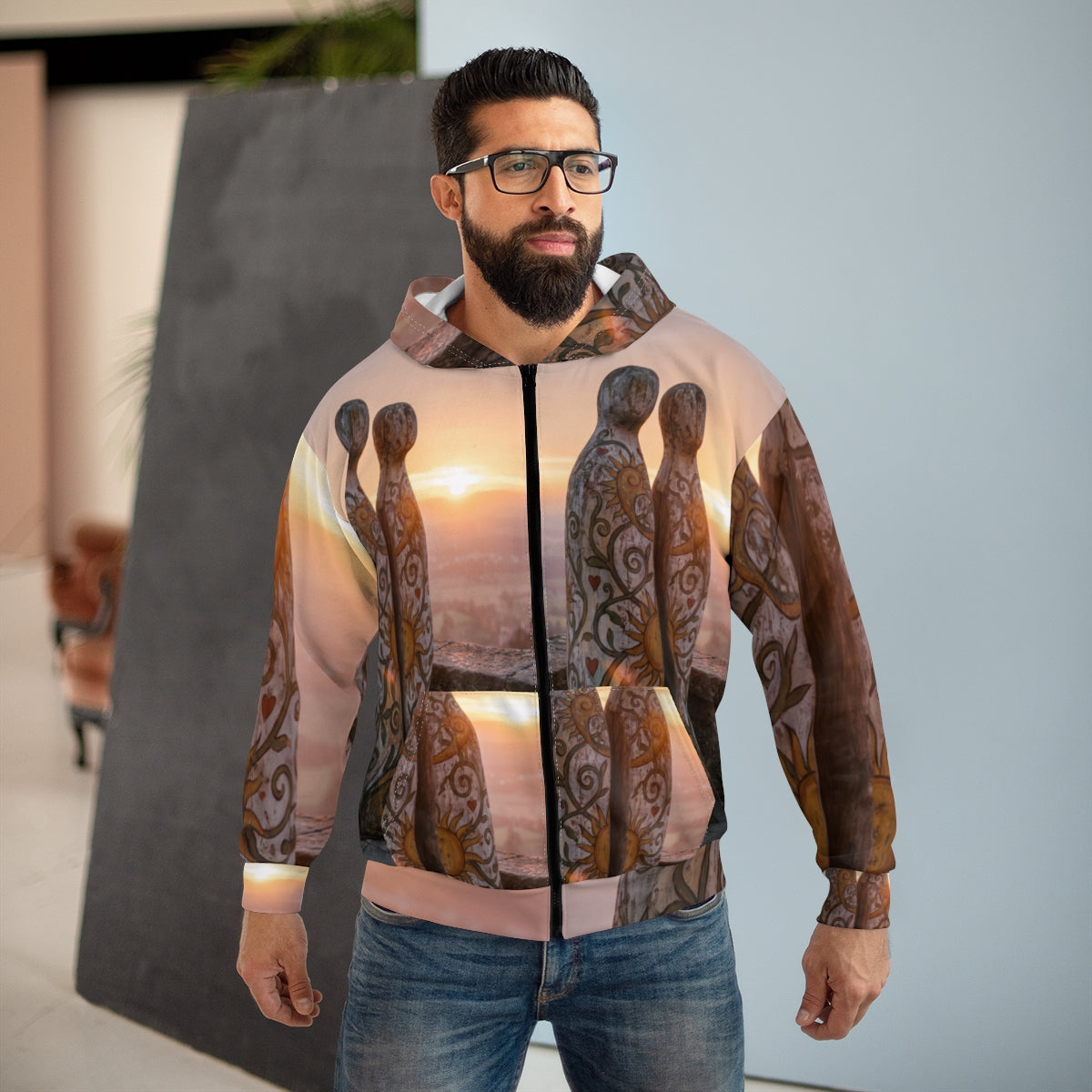 Unisex Zip Hoodie - Rustic Sun Totems at Golden Hour Wood......
