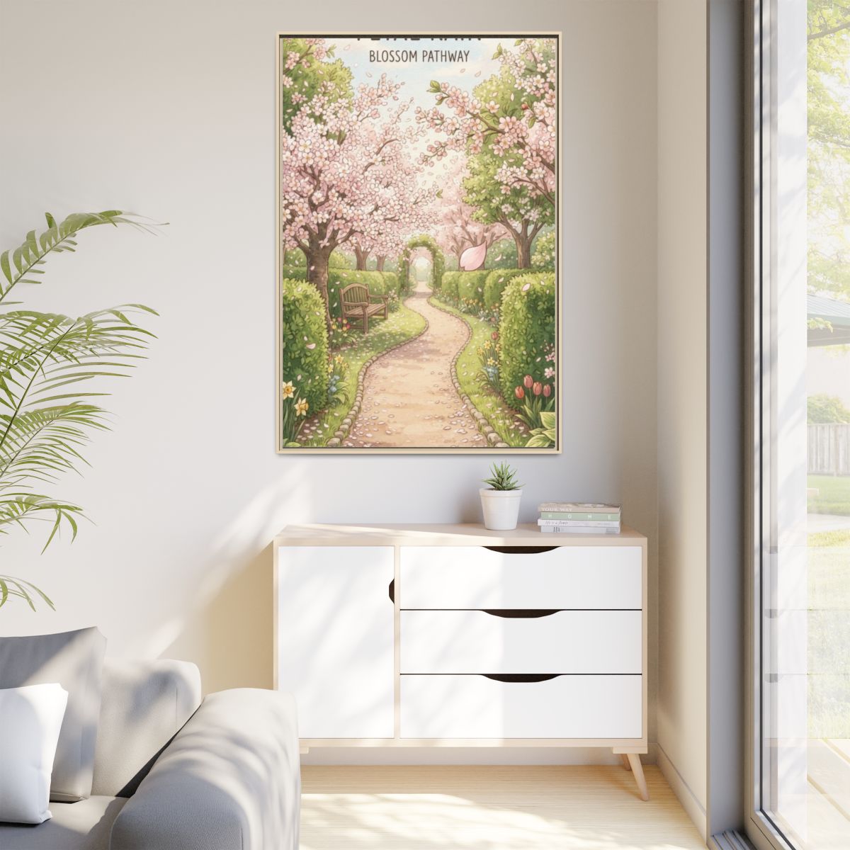 Matte Canvas Framed - Spring Blossom Pathway — Natural /......