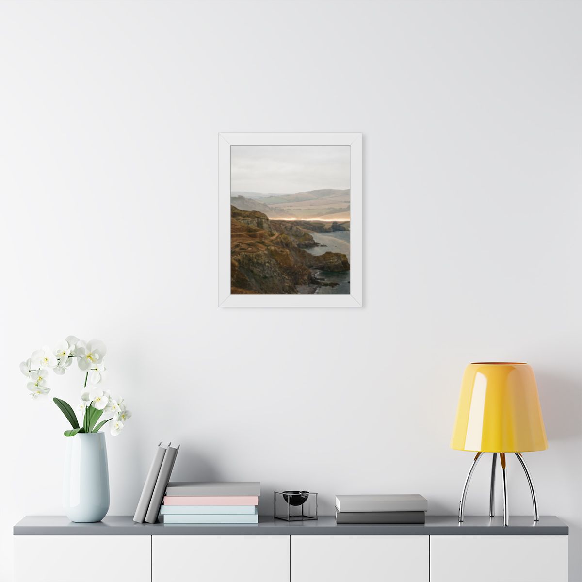 Framed Vertical Poster - Moody Coastal Cliffs Horizon Art —...