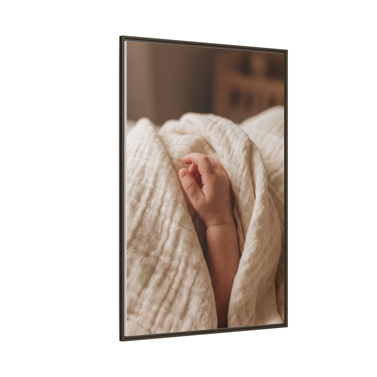 Matte Canvas, Framed - Tender Newborn Hand in Soft Muslin Blanket — Espresso / 1.25" (8×10, 9×12, 11×14, 12×16, 10×20, 12×18, 16×20, 16×24, 18×24, 12×36, 20×24, 16×32, 20×30, 24×30, 24×32, 16×48, 24×36, 24×48, 30×40, 20×60, 32×48, 30×60 & 40×60)