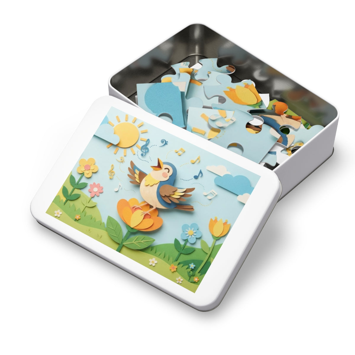 Jigsaw Puzzle with Tin - Papercut Songbird Meadow Canvas Art...