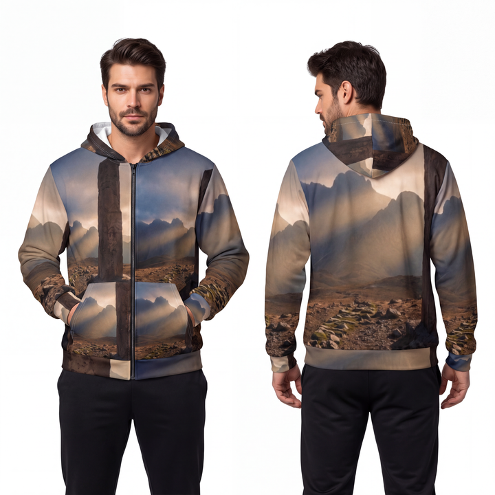 Men's Unisex Zip Hoodie - Ancient Stone Column Mountain Sunset Art