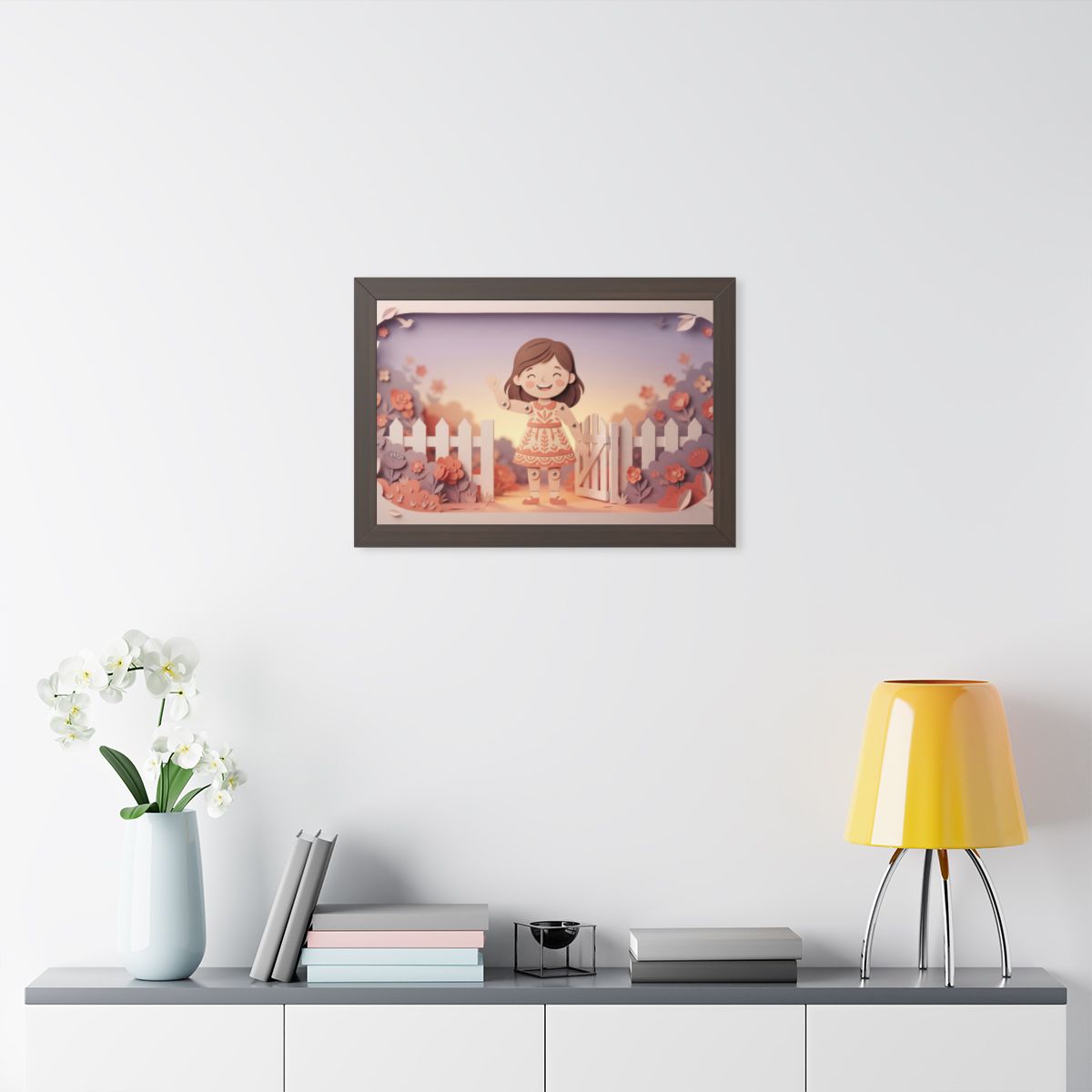 Framed Horizontal Poster - Garden Girl Gate — Walnut (14×11...