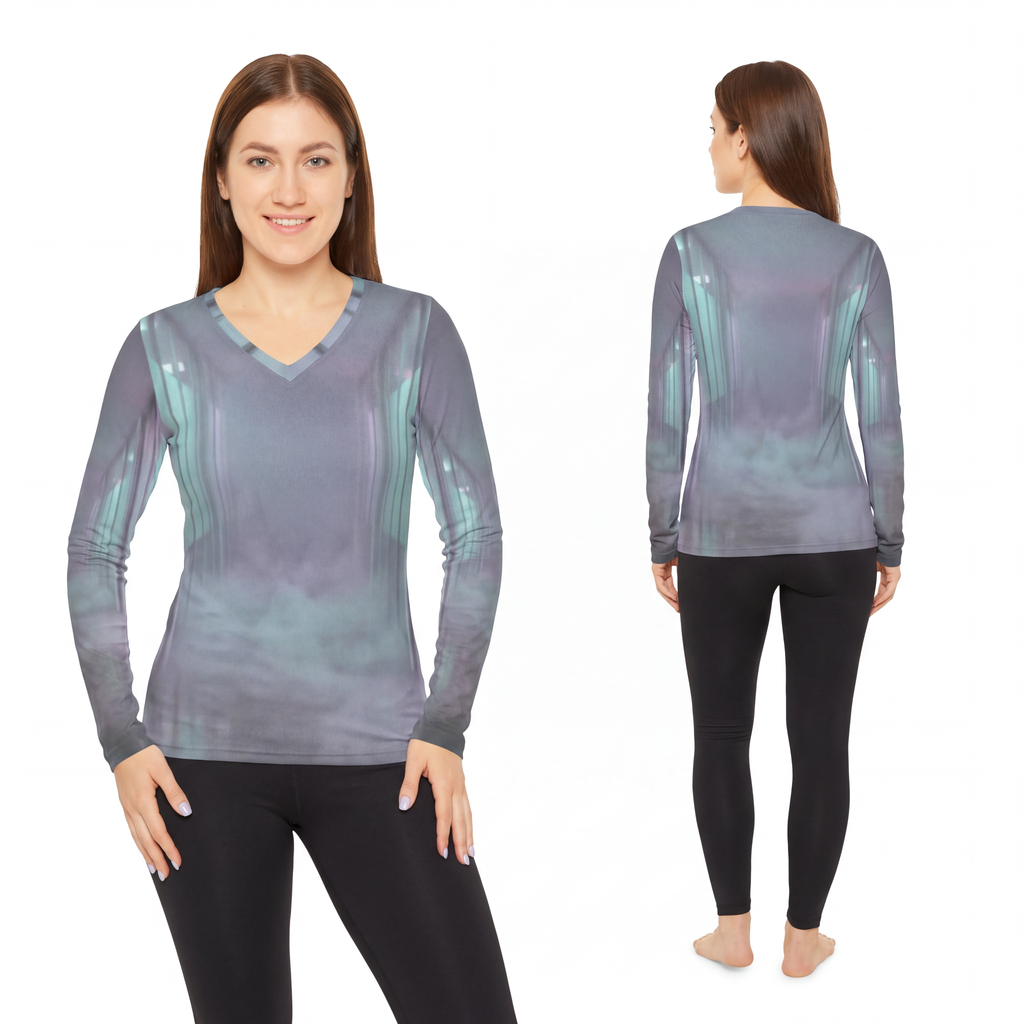 Women's Long Sleeve V-neck Shirt - Liminal Corridor Fog Art...